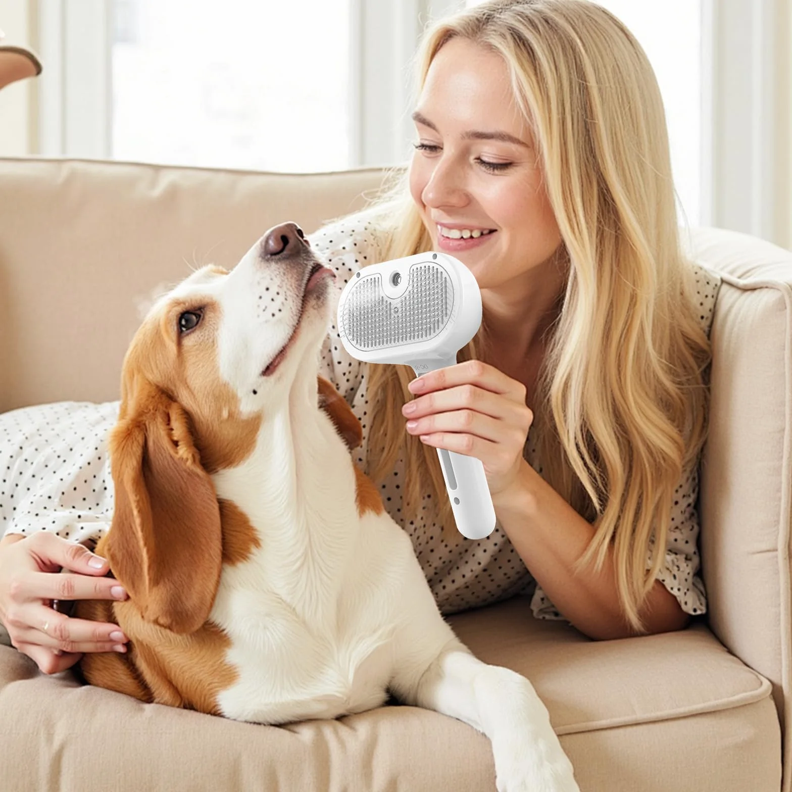 Brosse à vapeur 3-en-1 pour chien et chat avec vapeur froide et embouts en gel, démêlage douce pour poils perdus, réservoir d'eau