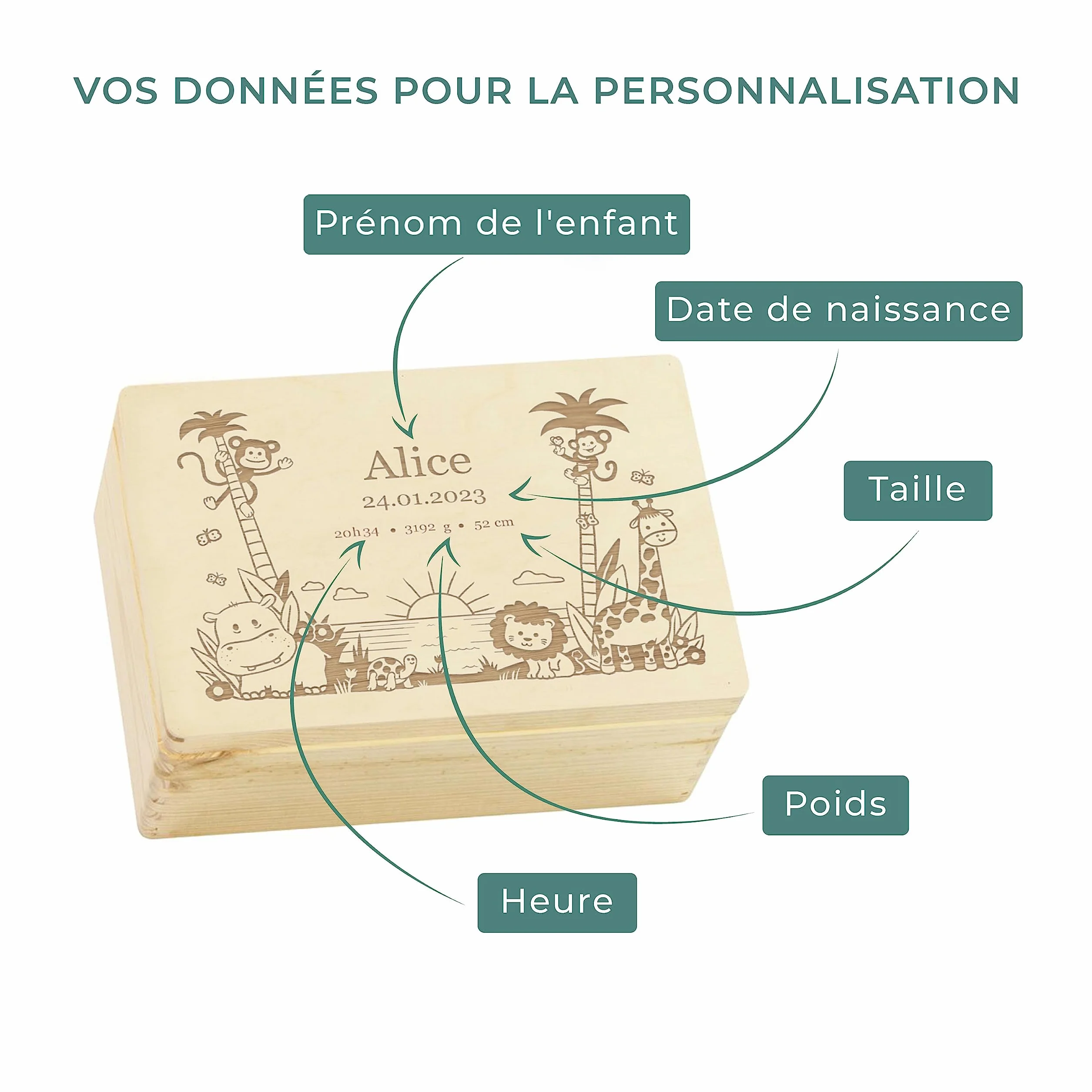 LAUBLUST Boîte à souvenirs bébé personnalisée - Cadeau de naissance avec prénom Jungle, tailles S M L XL - Boîte en bois naturel ou blanc FSC