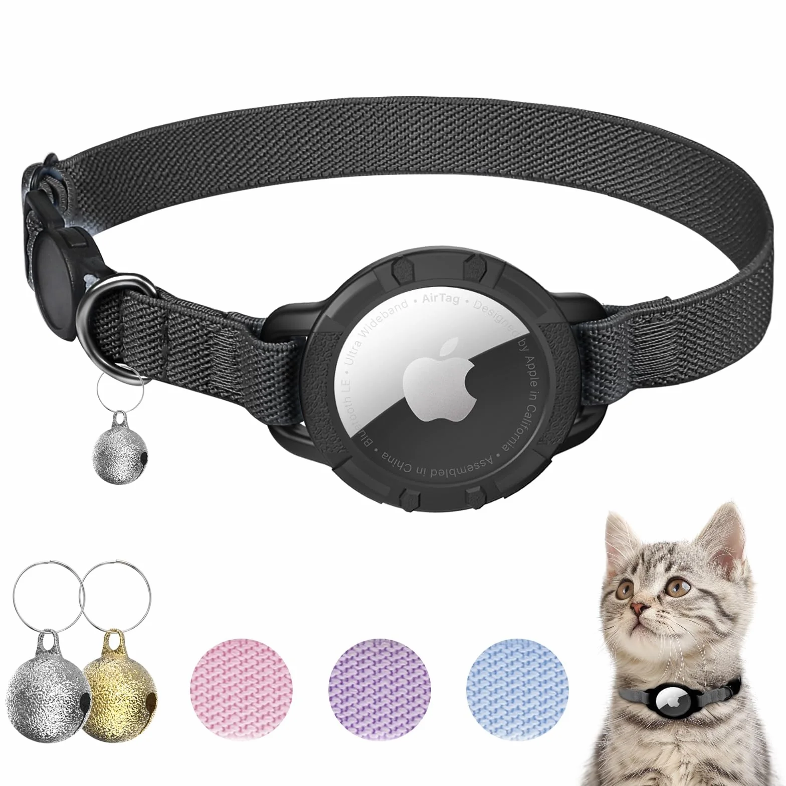 Collier Chat Airtag Extensible avec Protecteur et Cloche Noir
