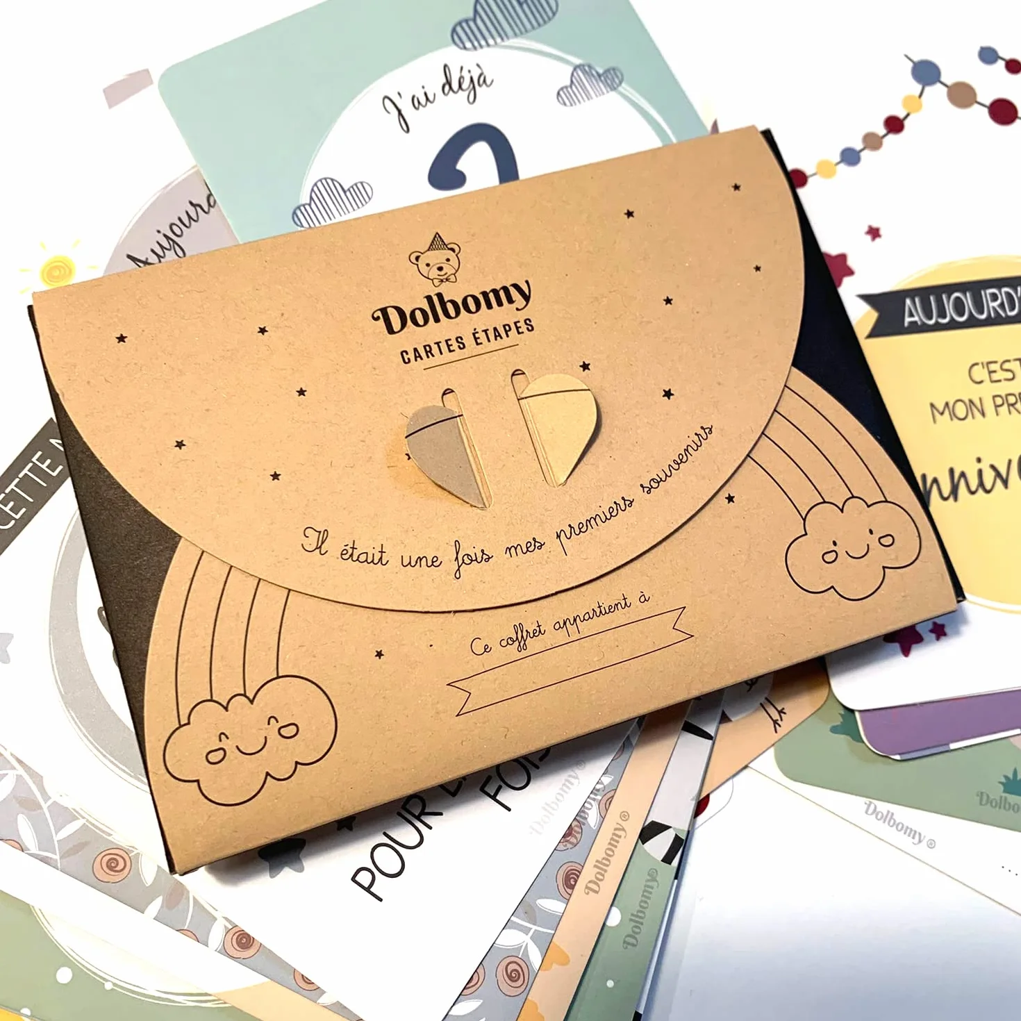 Coffret Carte Etape Bebe Francais Dolbomy - Lot de 25 Cartes Etapes Naissance 1 an - Cadeau Personnalisable Fille Garcon