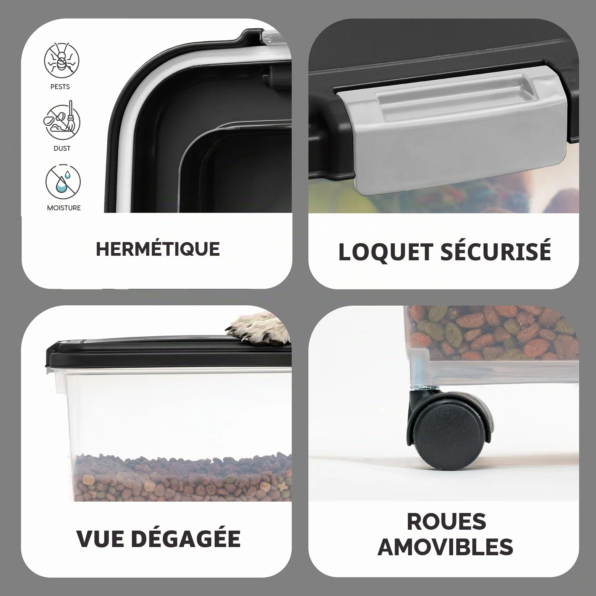 Iris Ohyama Boite Croquettes Chat Hermetique 30L 10kg Noir Plastique sans BPA