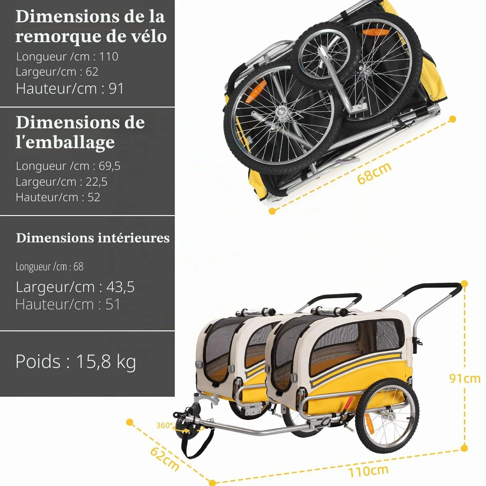 Remorque pour Chien 2 en 1 Vélo Jogging, Chariot Transport 30 kg Pliable avec Freins