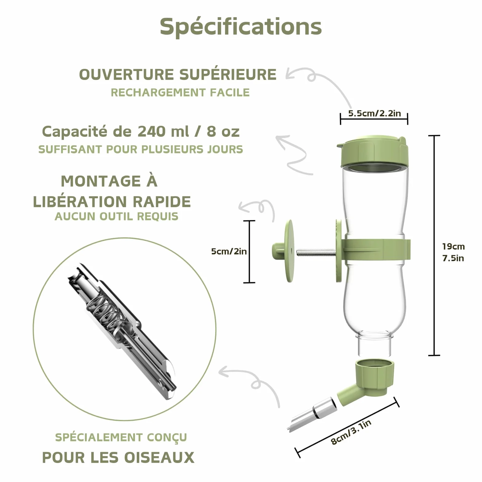 Mangeoire à Eau pour Oiseaux, Distributeur Automatique Cage, Bouteille Suspendre Perruche Canari Cockatiel Pinson Budgerigar Vert 240ml