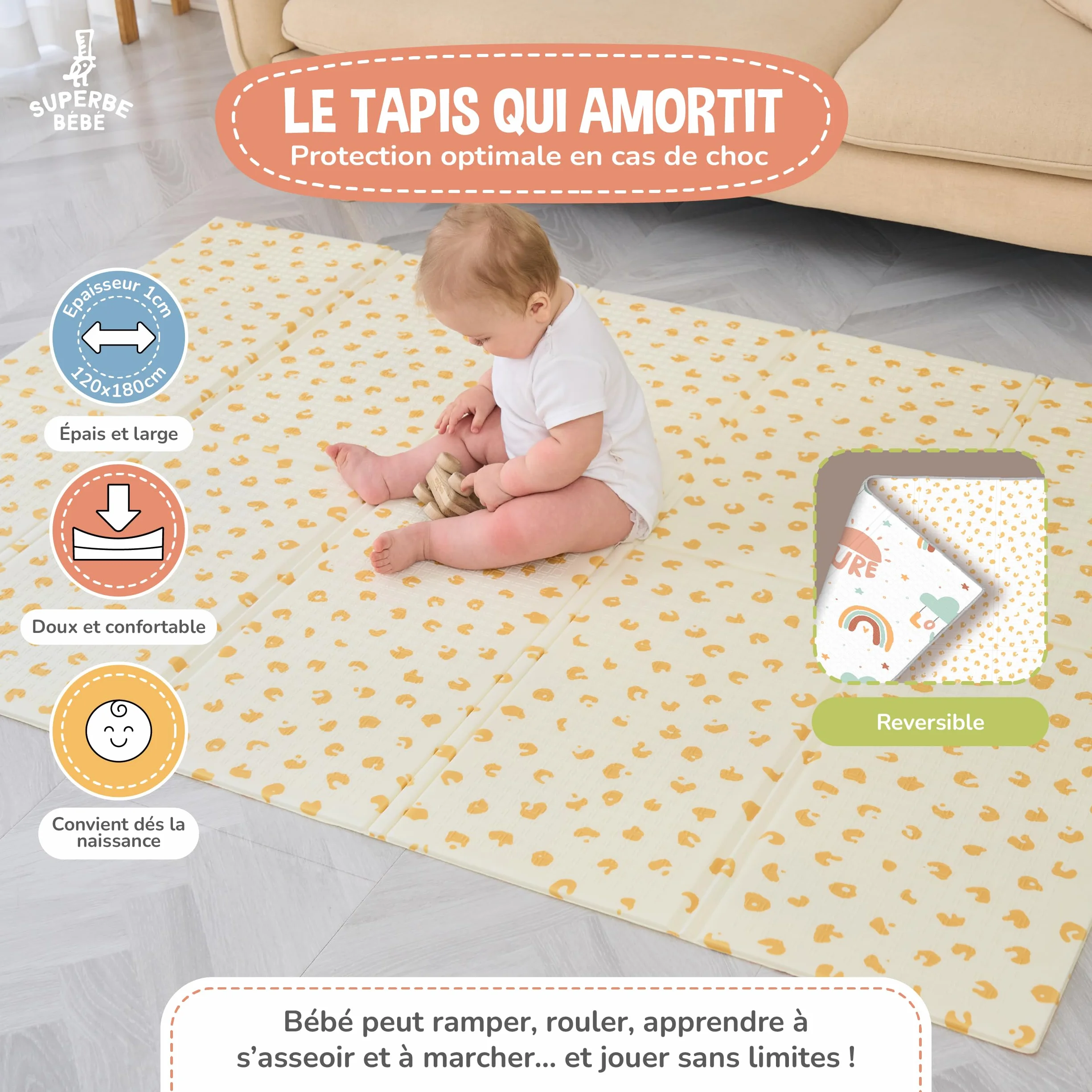 Tapis D'éveil Bébé Pliable Epais Réversible 120x180x1cm - Tapis De Jeu Enfant - Tapis De Sol XXL En Mousse