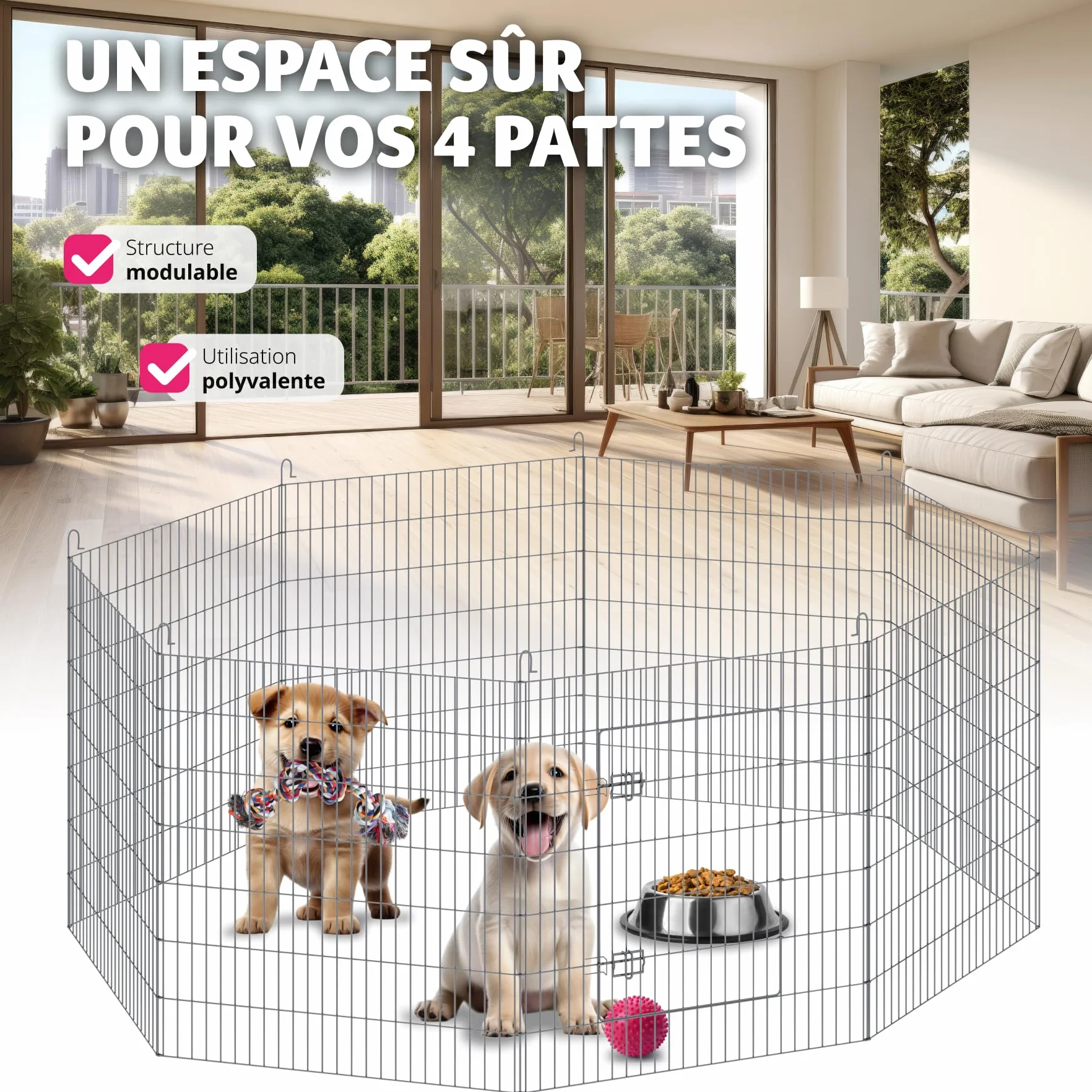 Tectake Parc pour Chien 8 pièces Grille, Porte Sécurité Double Fermeture, Clôture Extensible 204x204x93 cm
