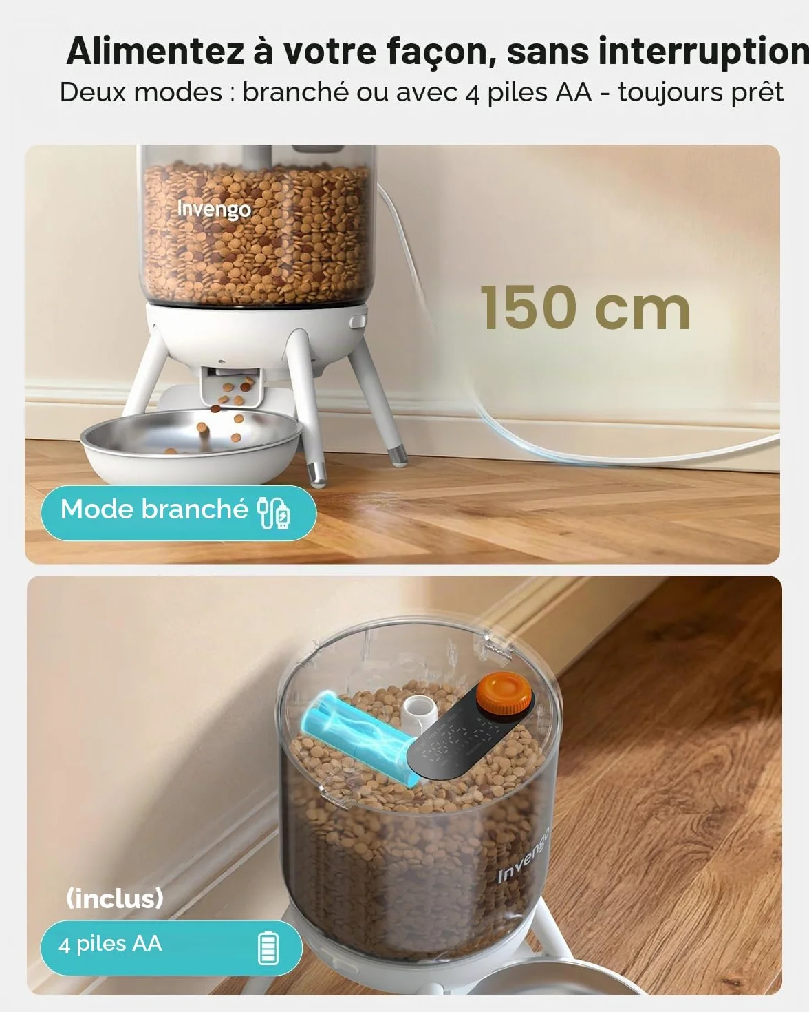 Distributeur Croquettes Chat Automatique Programmable Invengo, Double Alimentation, Anti-Insecte, Trémie 3L, Blanc