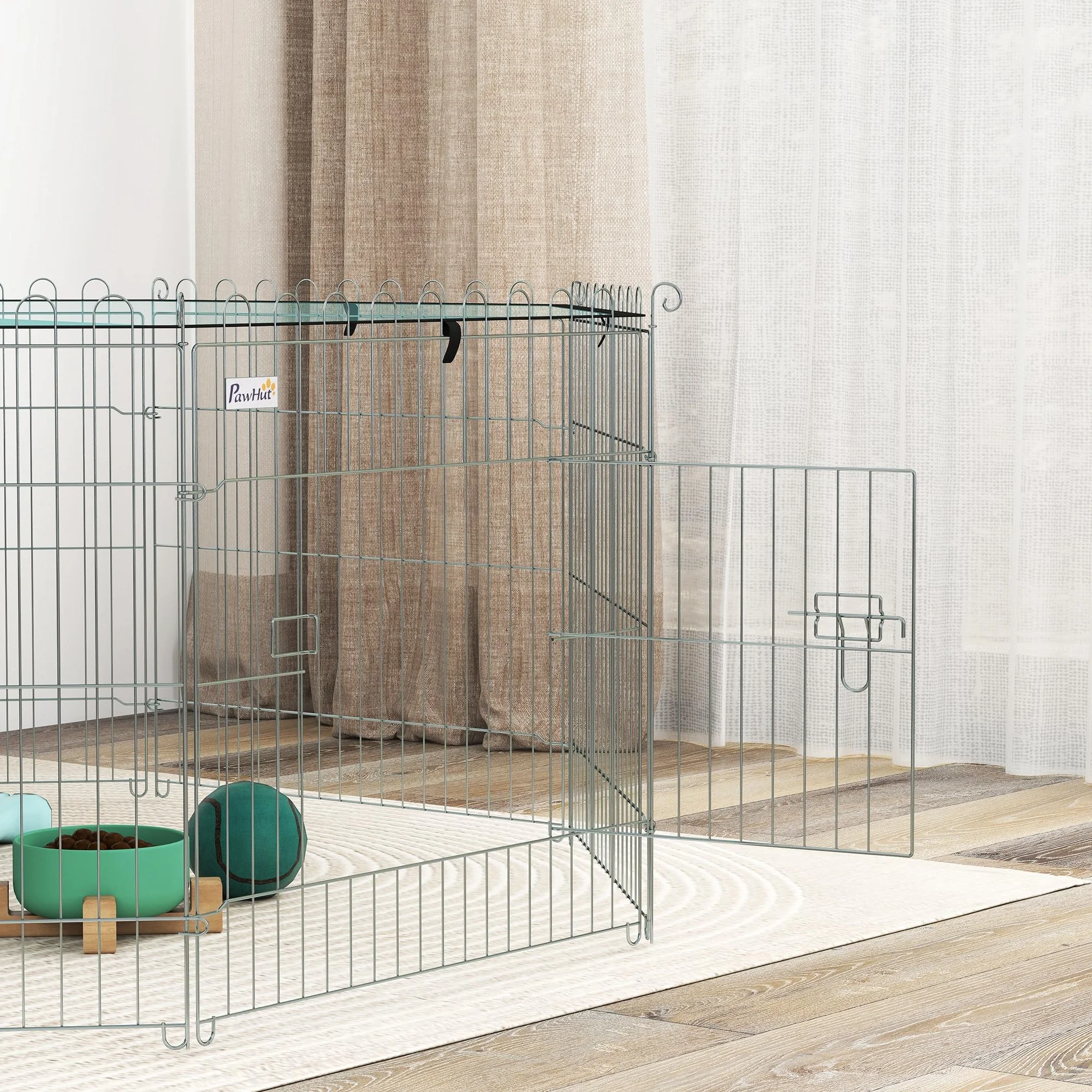 PawHut Parc pour Chien 8 Panneaux avec Toit Pliable Portable 60H cm Clôture pour Chiens Petits Taille Intérieur Extérieur Argent Vert