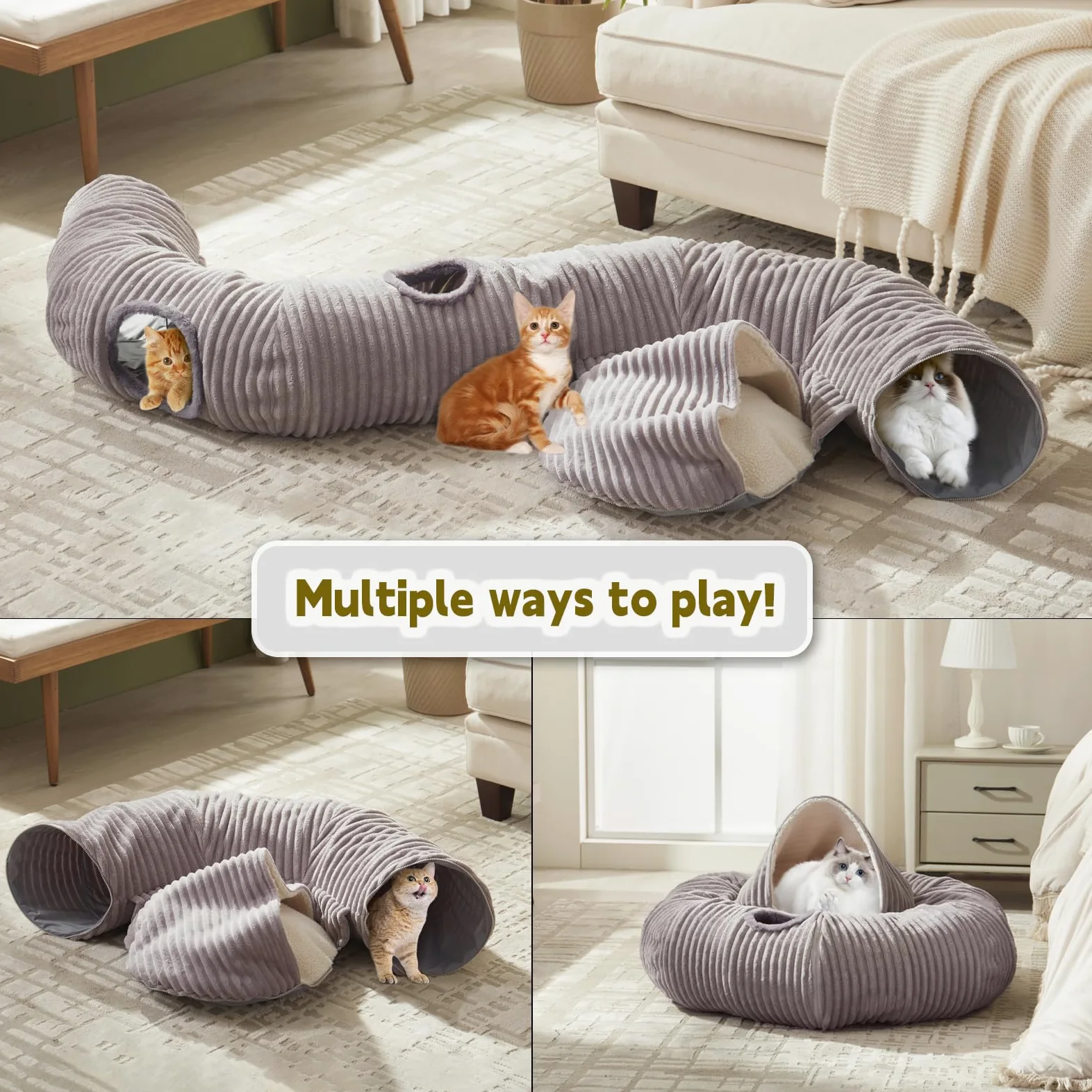 Grand lit tunnel pour chat d'intérieur, jouet tunnel en forme de donut avec coussin circulaire lavable, tente occultante, aire de jeux multifonctionnelle, cachette pour chaton, lapin, furet