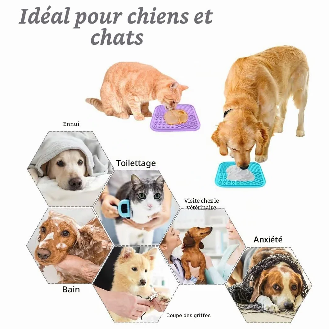 Tapis de Léchage Chiens et Chats 15x15cm Alimentation Lente Anti-Anxiété Bleu Ciel Violet