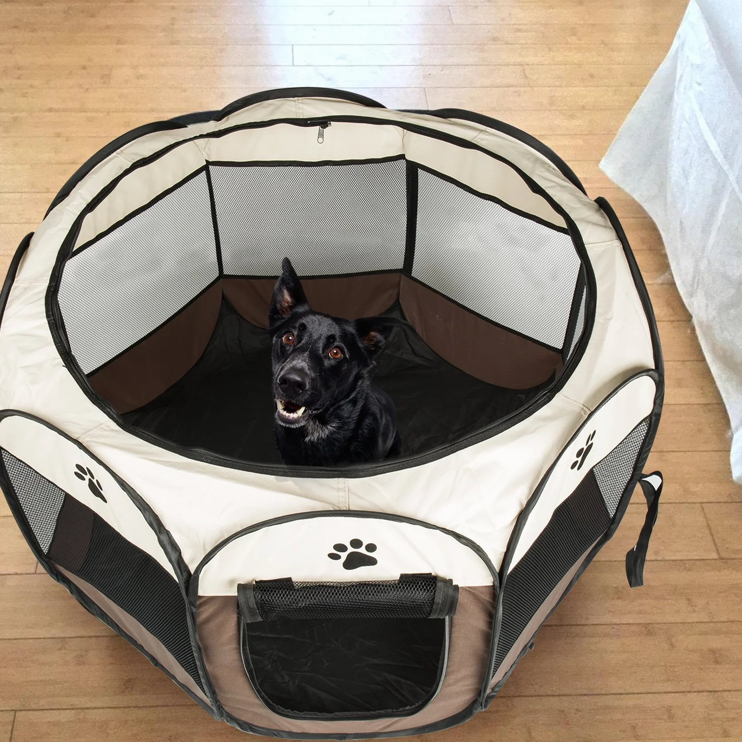 Parc pour Chien Pliable en Tissu Oxford pour Petits Animaux Intérieur Extérieur avec Sac de Transport Café S