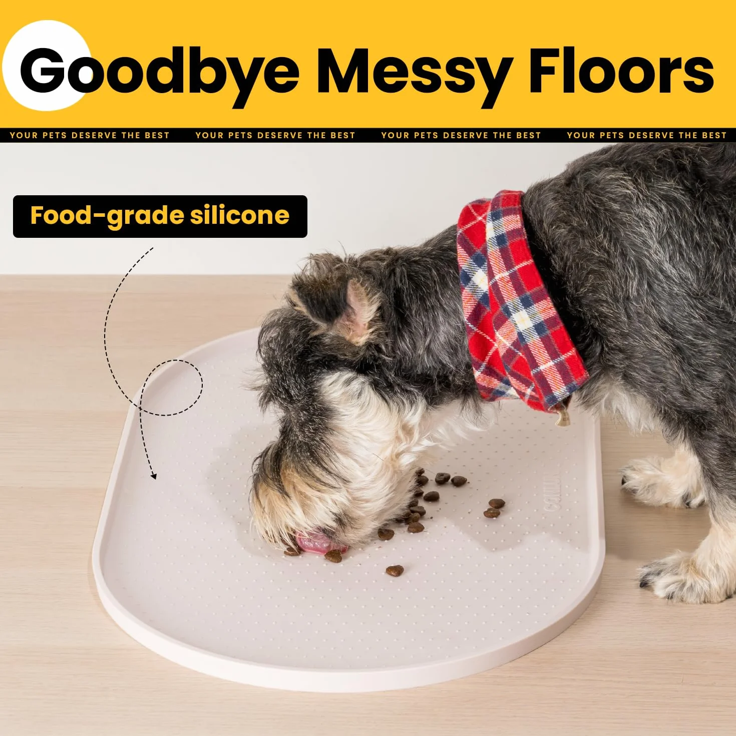 Conlun Tapis Gamelle Chat avec Rebords Surélevés de 1,2 cm pour Contenir Les Déversements, Tapis Gamelle Chien en Silicone sans BPA pour Gamelles d'eau et de Nourriture pour Animaux(Beige,48x30 cm)