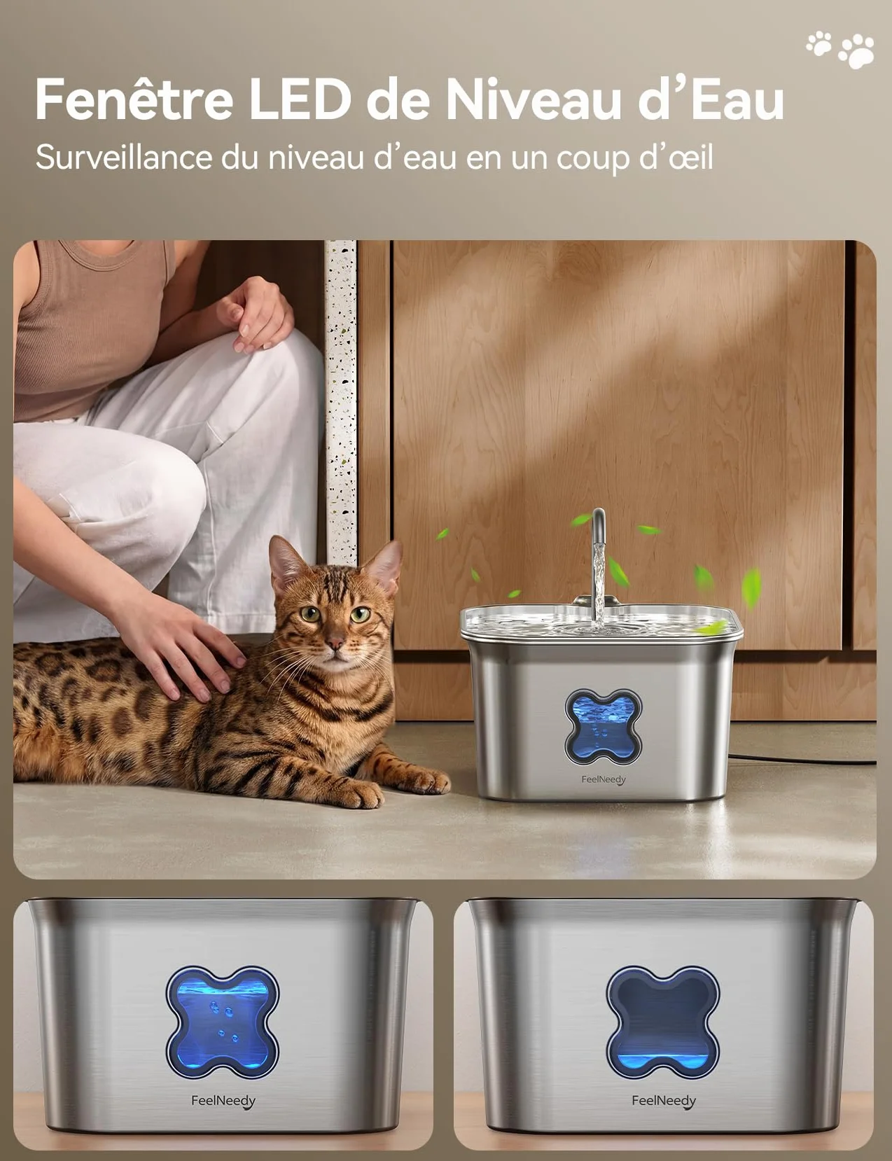 Fontaine à Eau pour Chat INOX 2,8L avec Système de Quadruple Filtration Silencieux