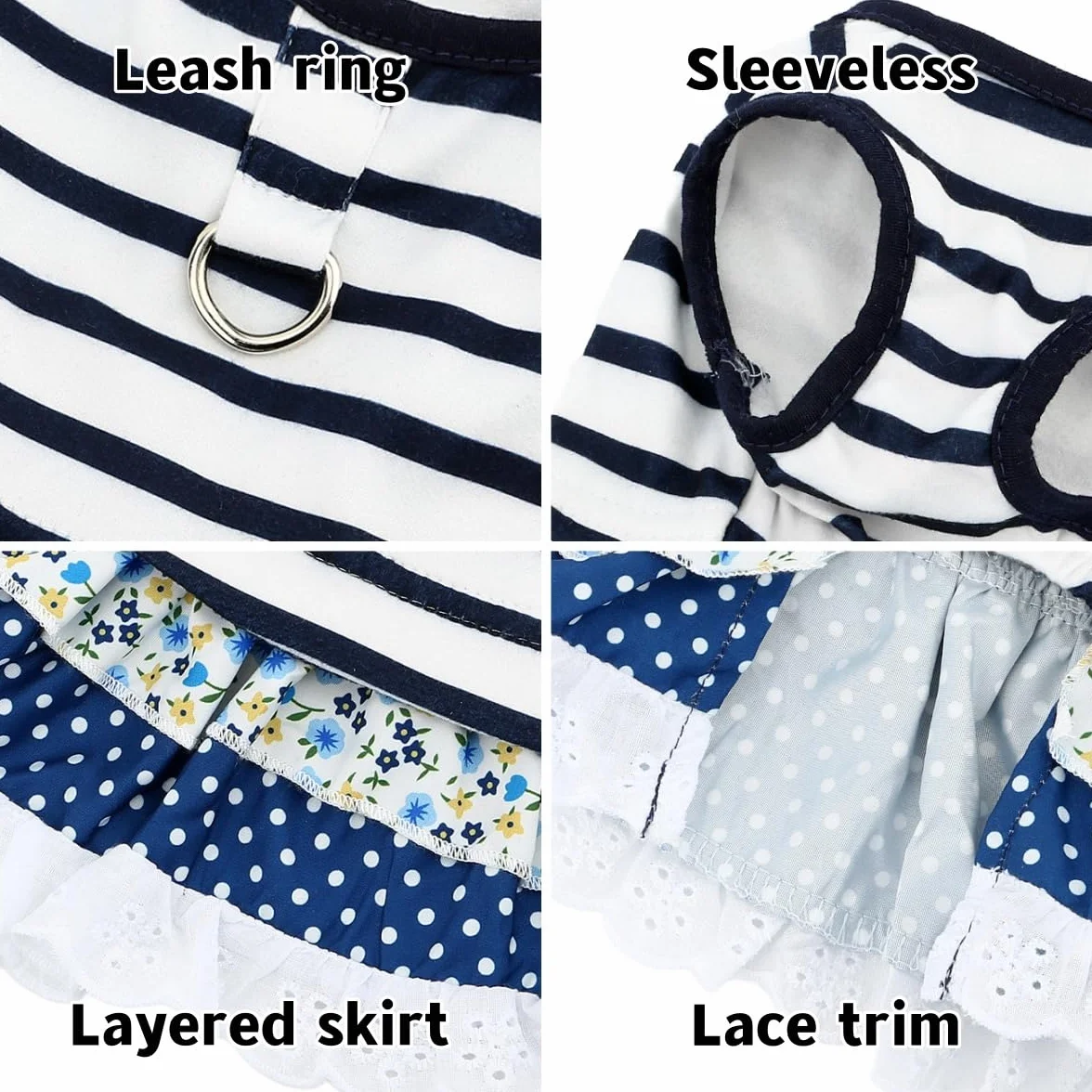 Robe rayures nautiques chien XL jupe dentelle florale pois anneau D yorkshire chihuahua printemps été