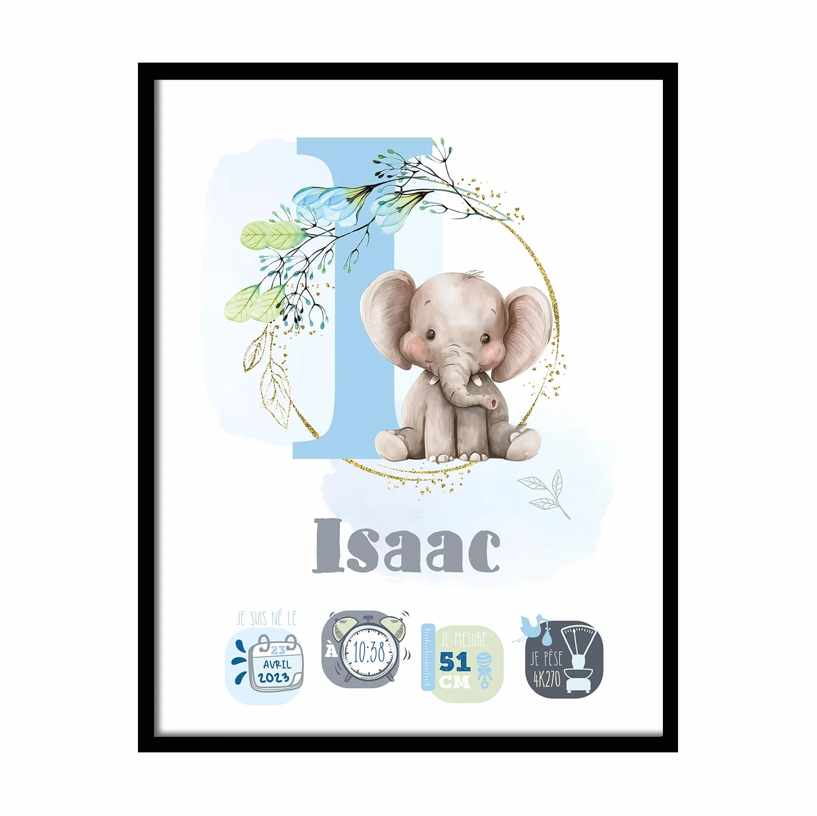 ÉNJA Création Affiche Personnalisée Décoration Murale Bébé Poster Prénom Poids Date Naissance Garçon