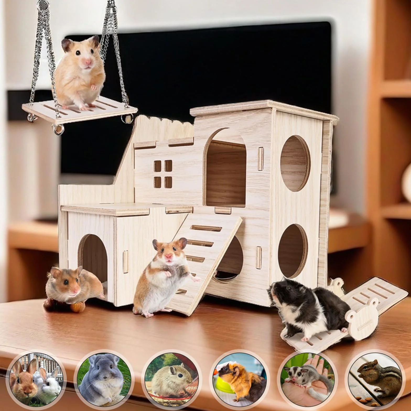 Jouets pour Hamster en Bois Lot de 8, Maison Cochon d'Inde, Jouet à Mâcher