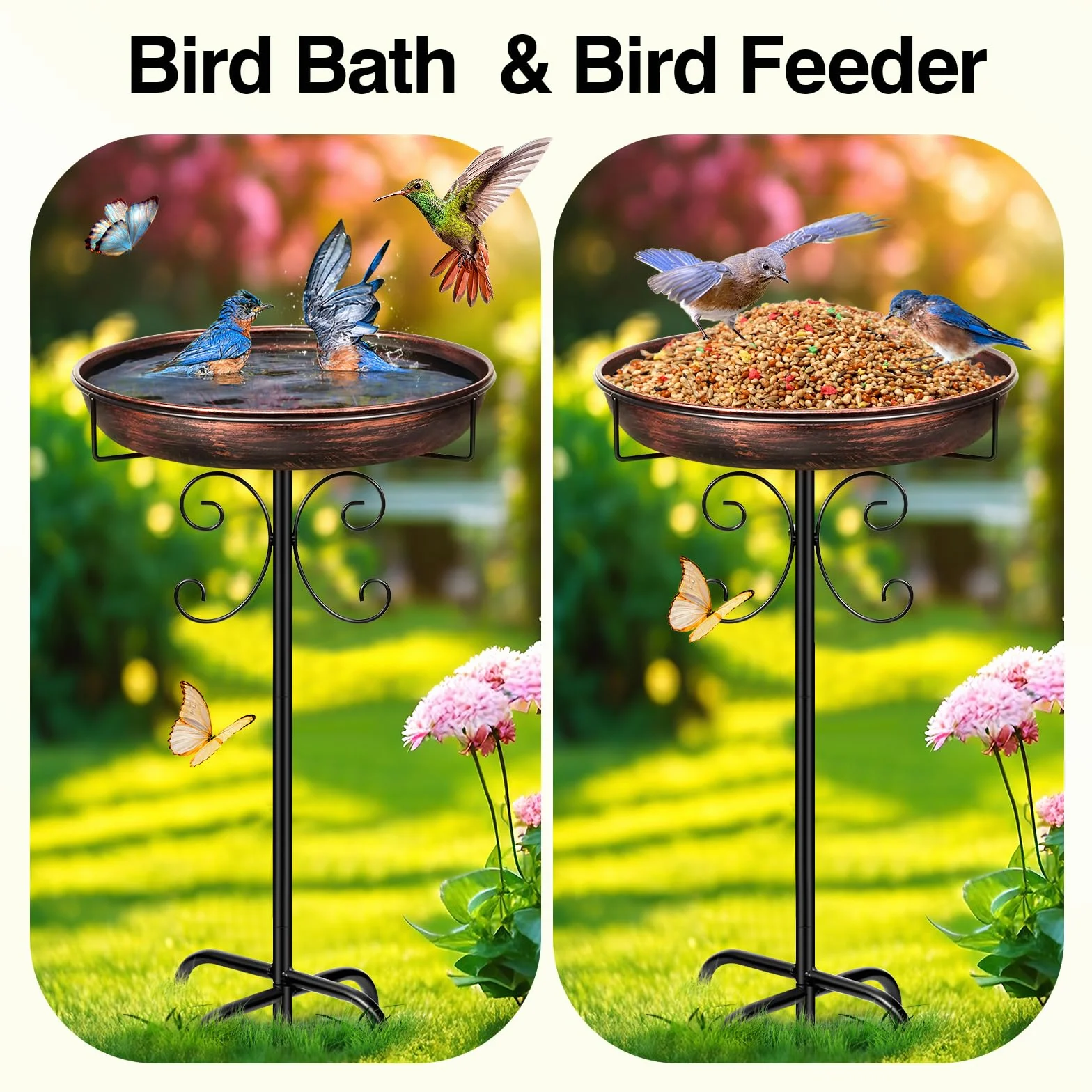 Abreuvoir pour oiseaux sur pied en métal 81 cm bronze antique résistant à l'hiver