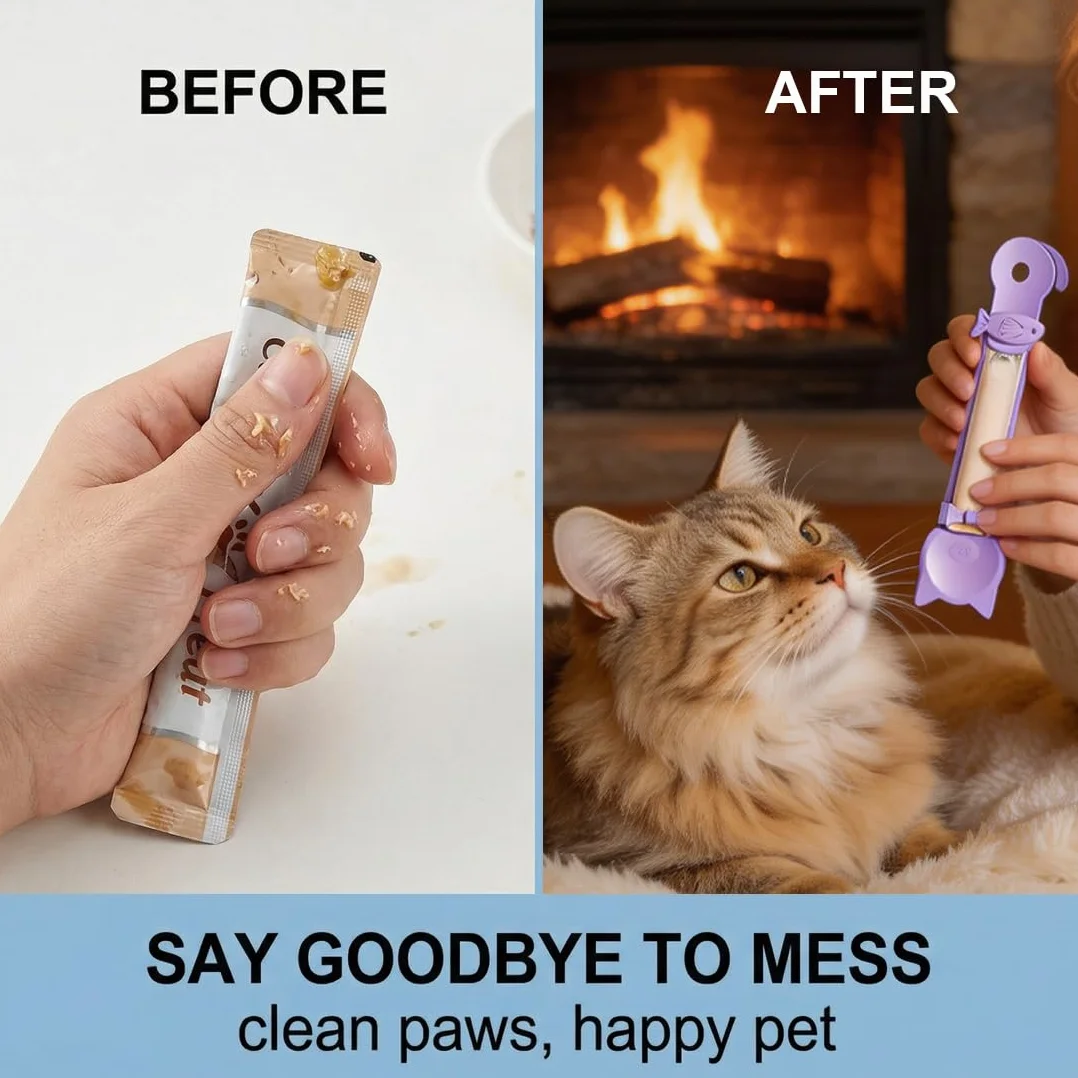 Cuillère Presse-Friandises pour Chat, Lot de 2 Bleu Violet – Idéal Churu & Snacks Liquides, Alimentation Propre Anti-Gaspillage