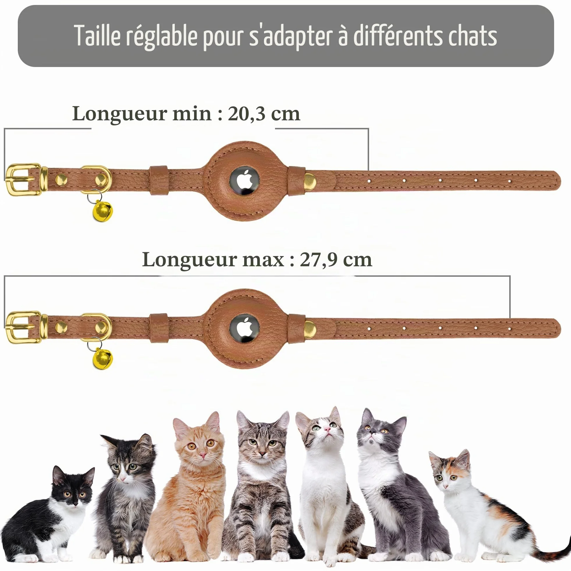 OOPSDOGGY Collier AirTag en Cuir pour Chat avec Clochette – Anti-Rupture Support Apple Air Tag GPS Léger (Brun)