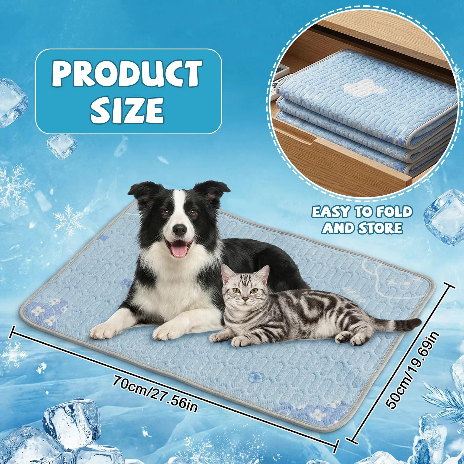 Ninonly Tapis Rafraîchissant pour Chien 50x70cm Latex Antidérapant Bleu