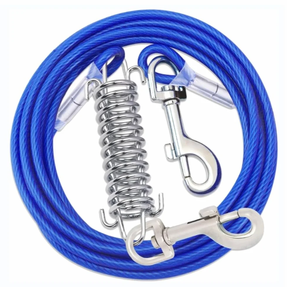Chaine Chien Acier Inoxydable 3m Câble d'attache pour Chiens Laisse Résistante à Morsure avec Amortisseur Bleu