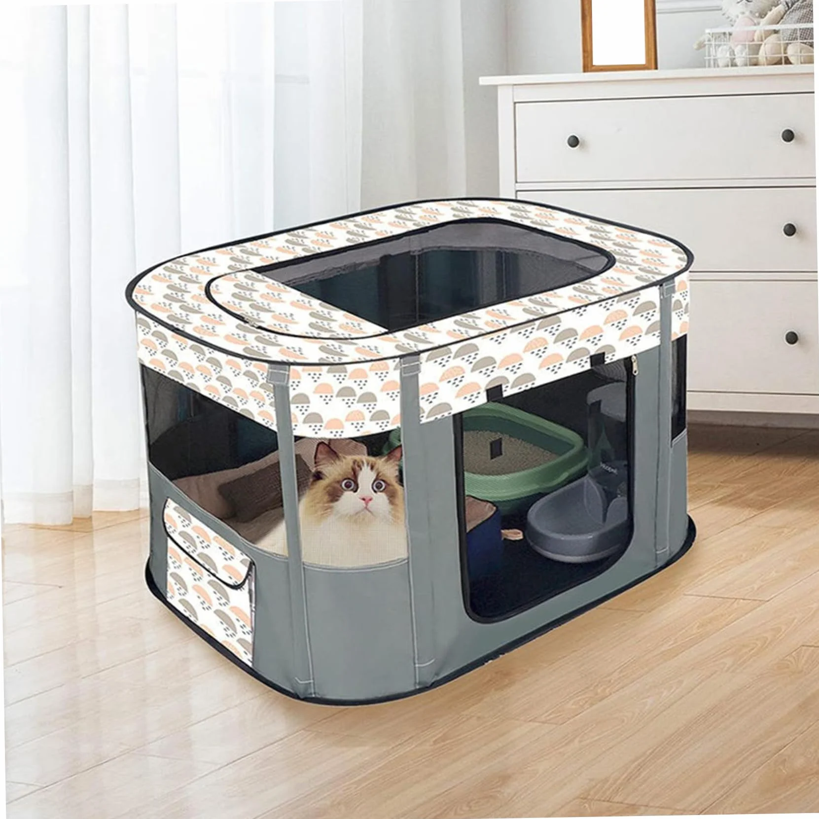 Parc pour Chat Pliable Respirant Tissu Oxford 71x55x45 cm Porte Enroulable Poche Résistant aux Rayures