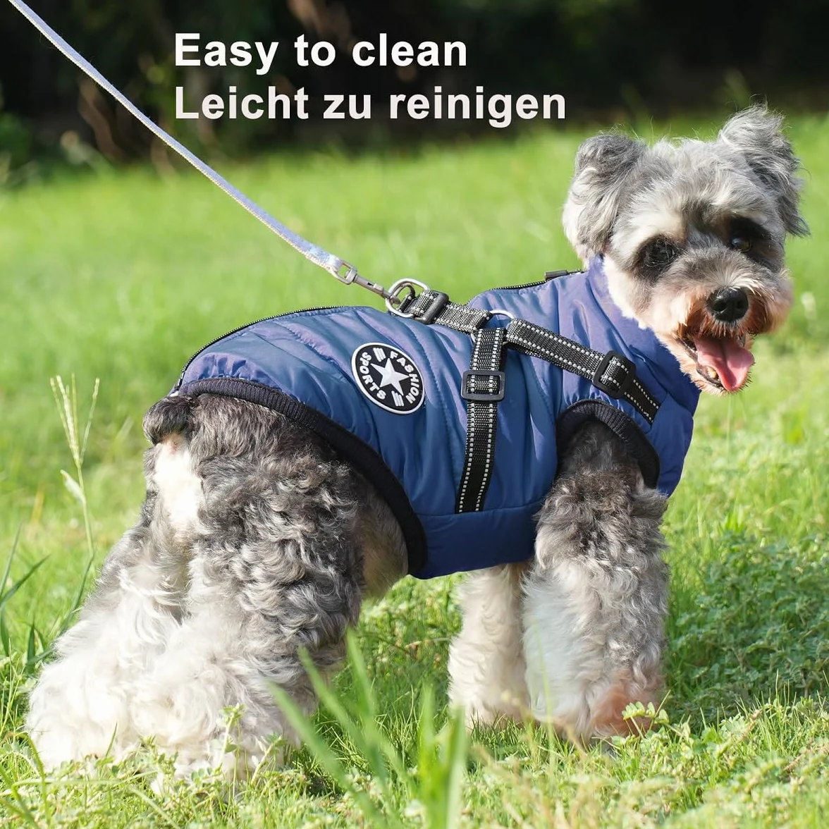 Manteau d'hiver chaud imperméable pour petit chien avec harnais et bandes réfléchissantes