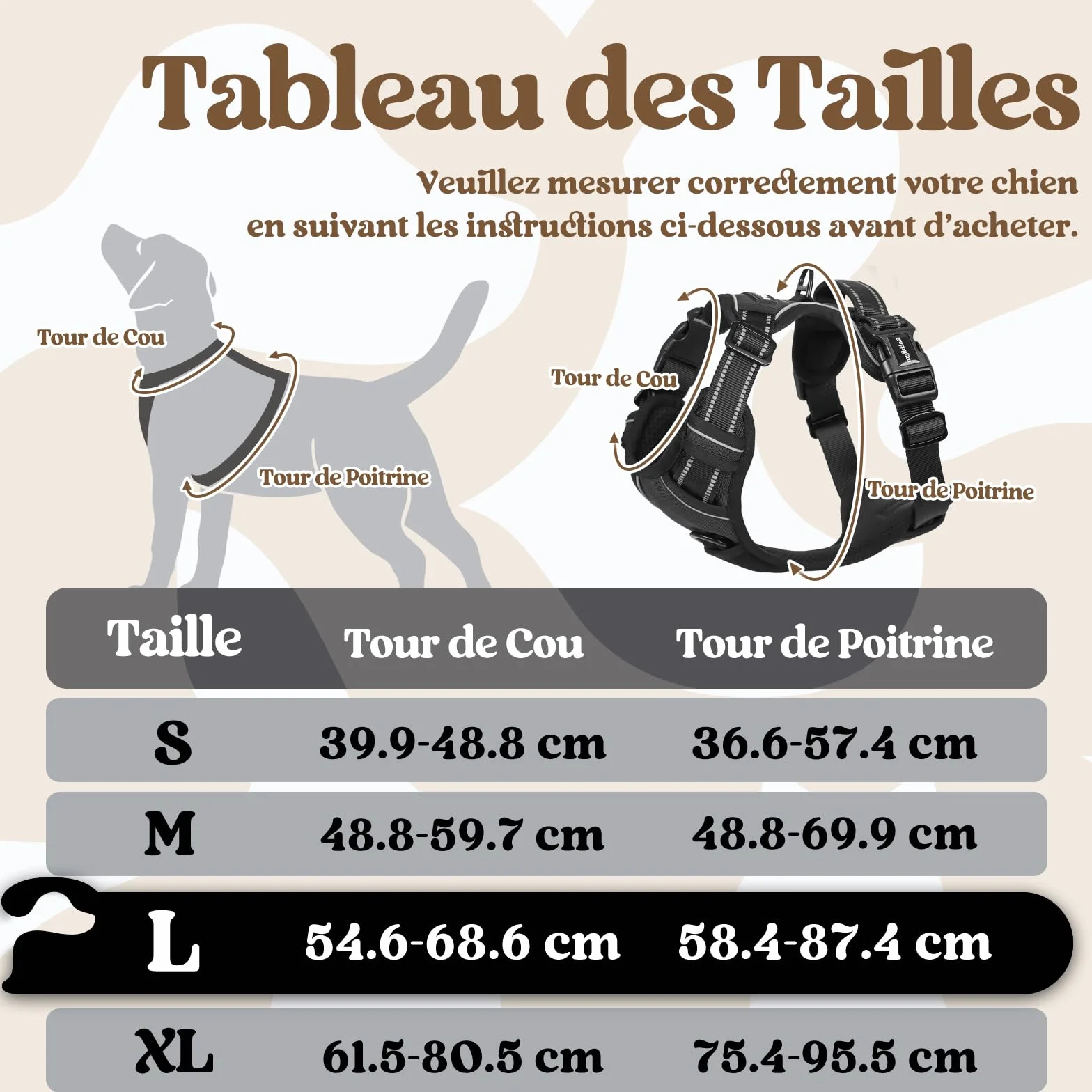 Rabbitgoo Harnais Chien Anti Traction 3 Boucles Réglable Réfléchissant Noir L
