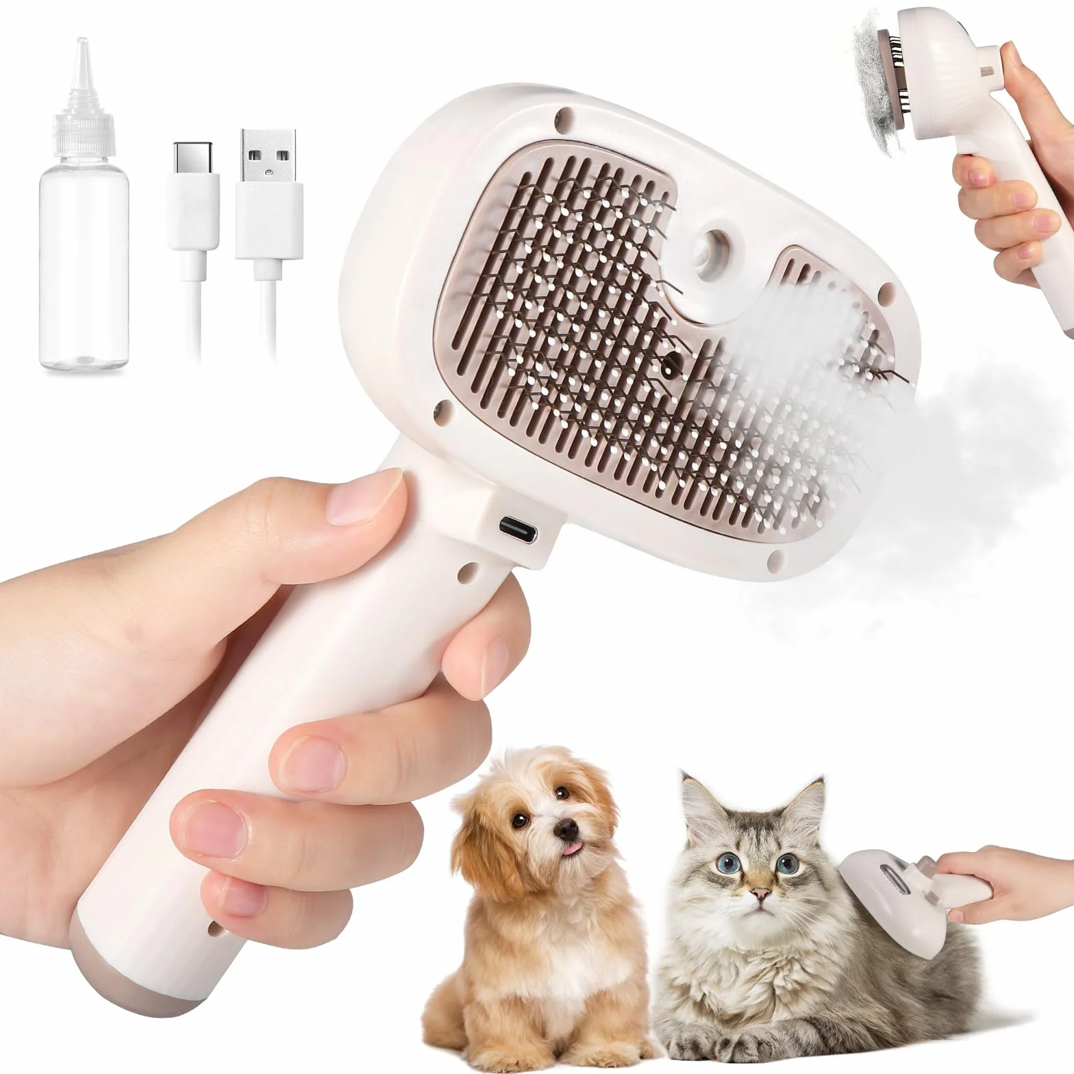 Brencco Brosse Vapeur Chat Chien 4 en 1 Réservoir Rechargeable Poils Courts Longs Massage Soin