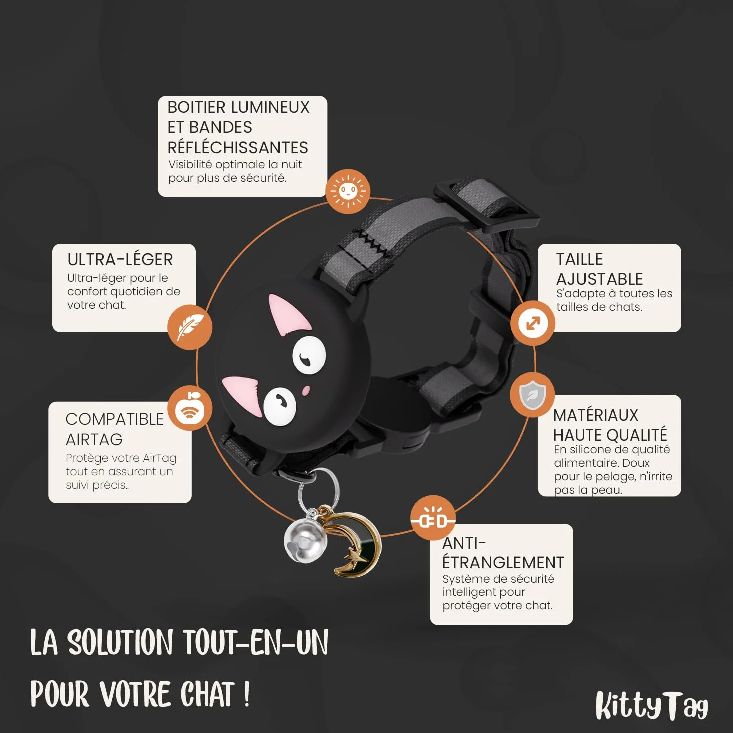 Collier Chat GPS Réfléchissant Lumineux Anti-étranglement Réglable Compatible Airtag Apple