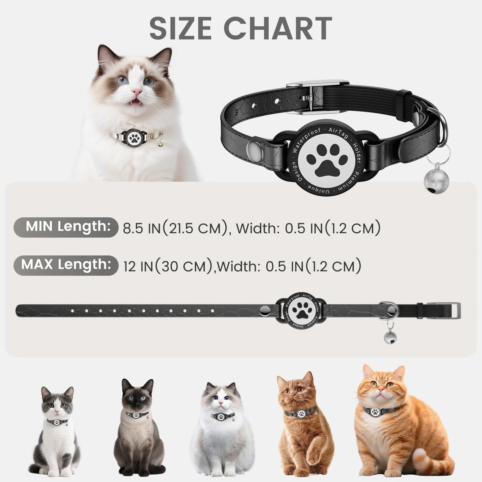 Collier pour chat Airtag en cuir étanche avec boucle en métal et clochette