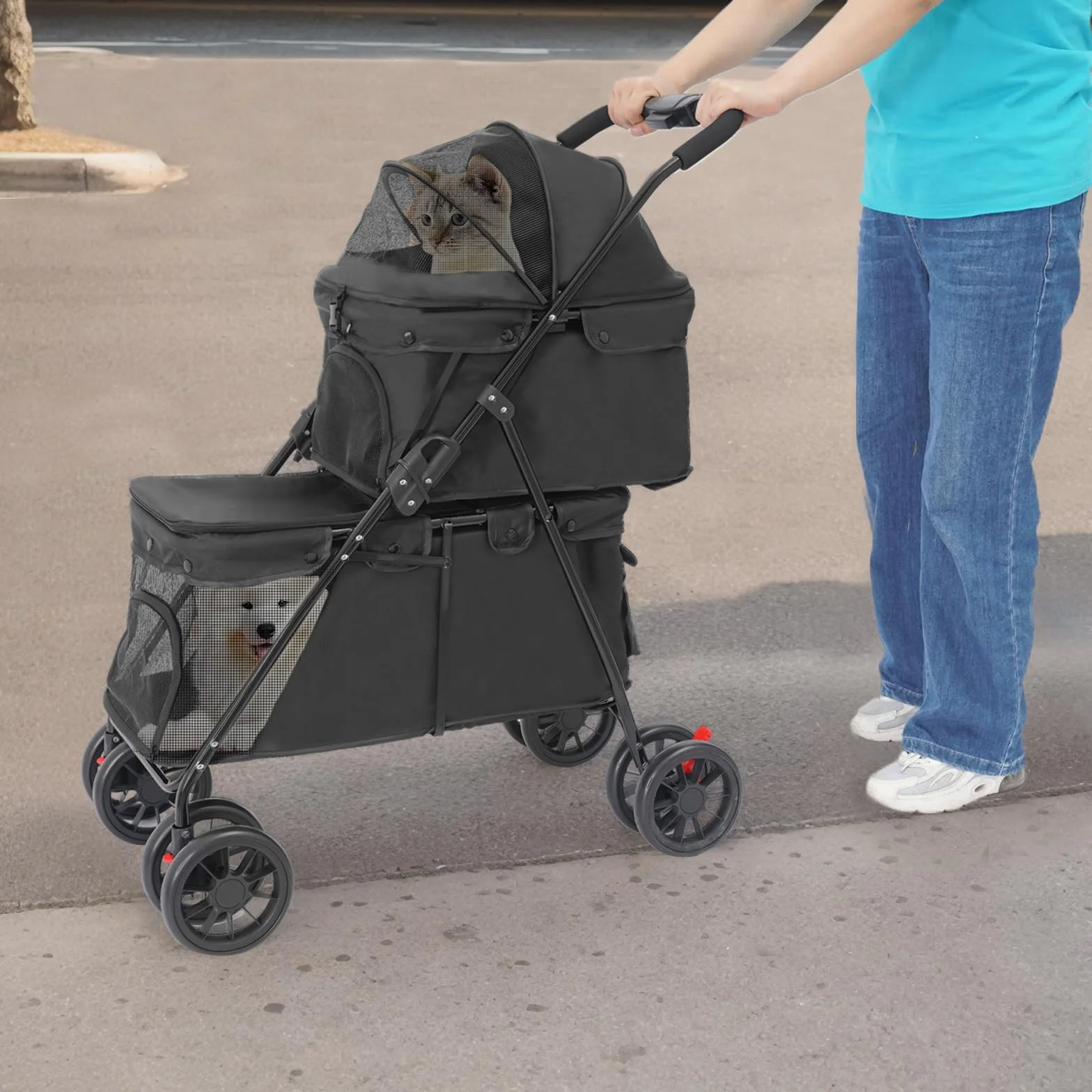 Poussette pliable à 2 couches pour chiens et chats - Avec fenêtre en filet, frein et sac de rangement - Cadre solide en acier au carbone - Charge maximale : 40 kg - 95 x 60 cm - Noir