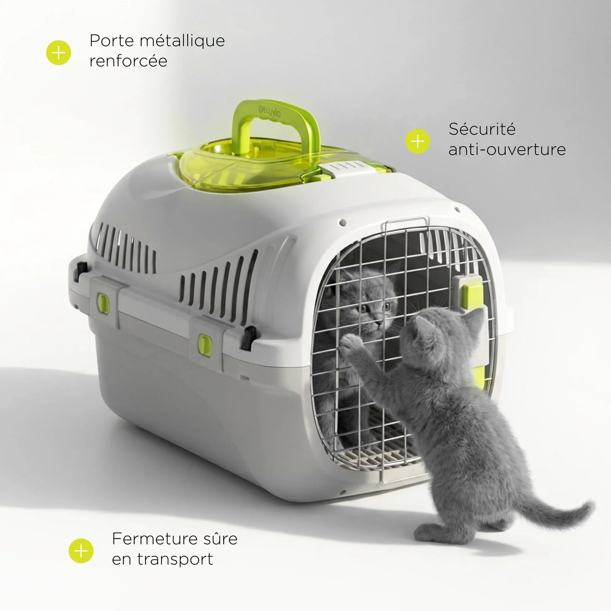 Safy Boîte de Transport Rigide pour Chat avec Porte en Métal, Double Sécurité et Ventilation, Rabat de Visualisation Supérieur, Poignée Escamotable, Grille Amovible