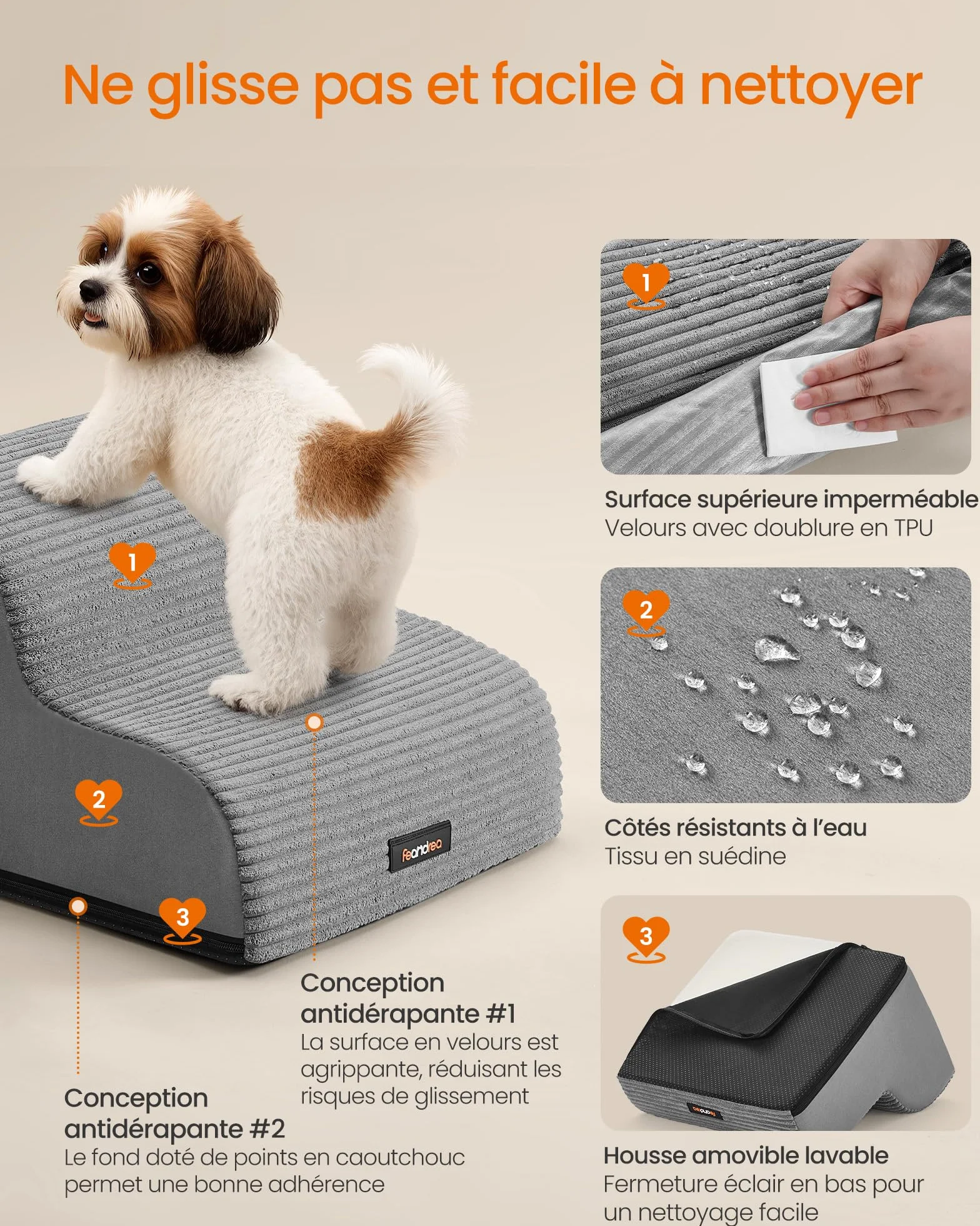 Feandrea Escalier pour Chien 2 Marches Imperméable Antidérapant Housse Amovible Lavable Gris Tourterelle PPS002G01