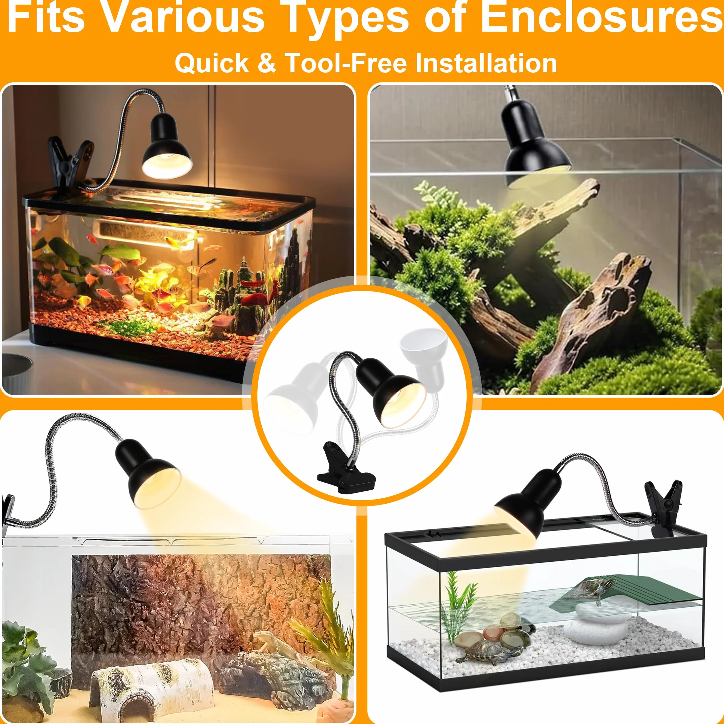 Lampe Chauffante UV Tortue Terrestre UVA UVB 2×50W 1×25W Pince Pivotante 360° Col de Cygne Flexible