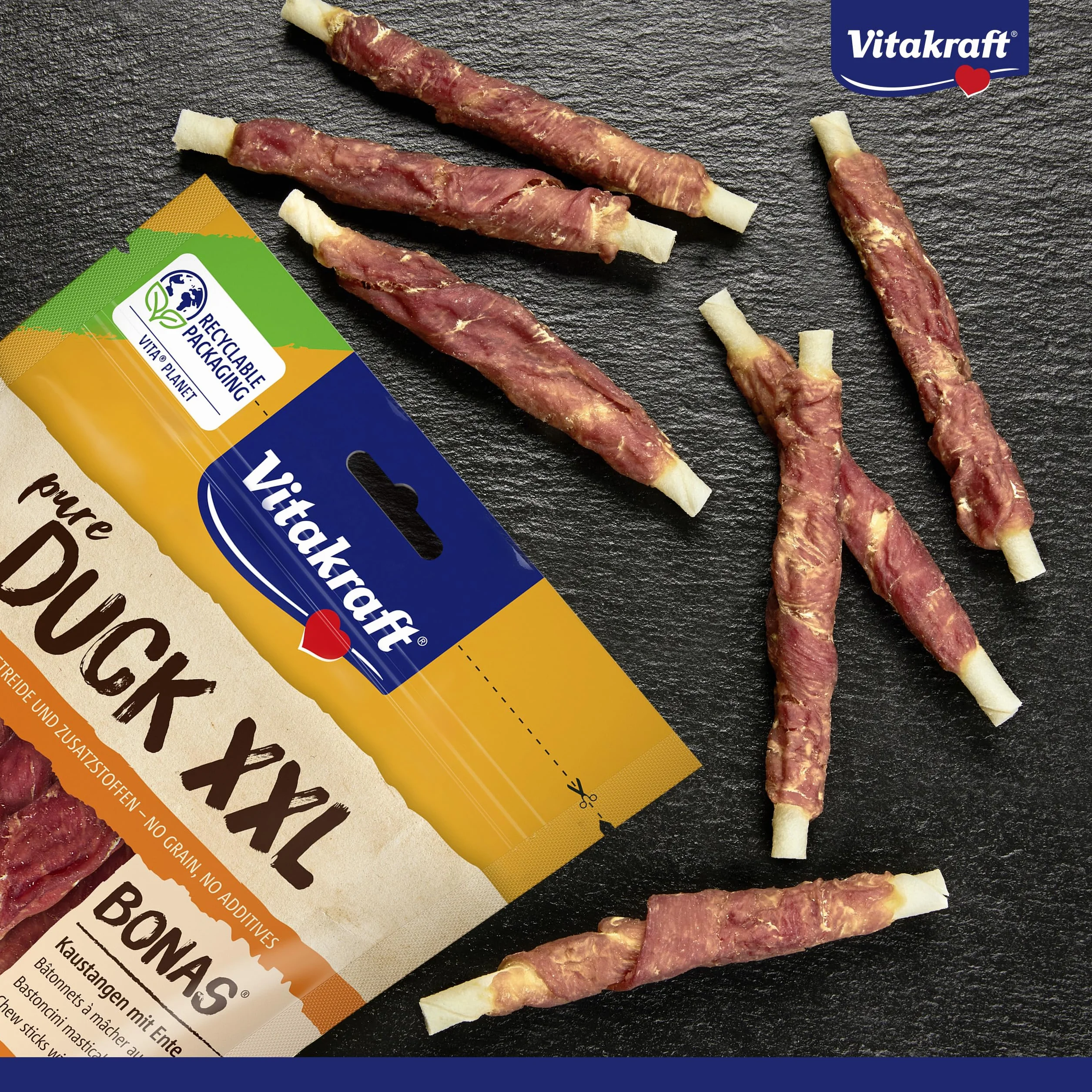 VITAKRAFT Pure Duck XXL Bonas, Friandises pour Chien, Bâtonnets À Mâcher Au Canard, sans Sucre Ni Céréales Ajoutés (200G)