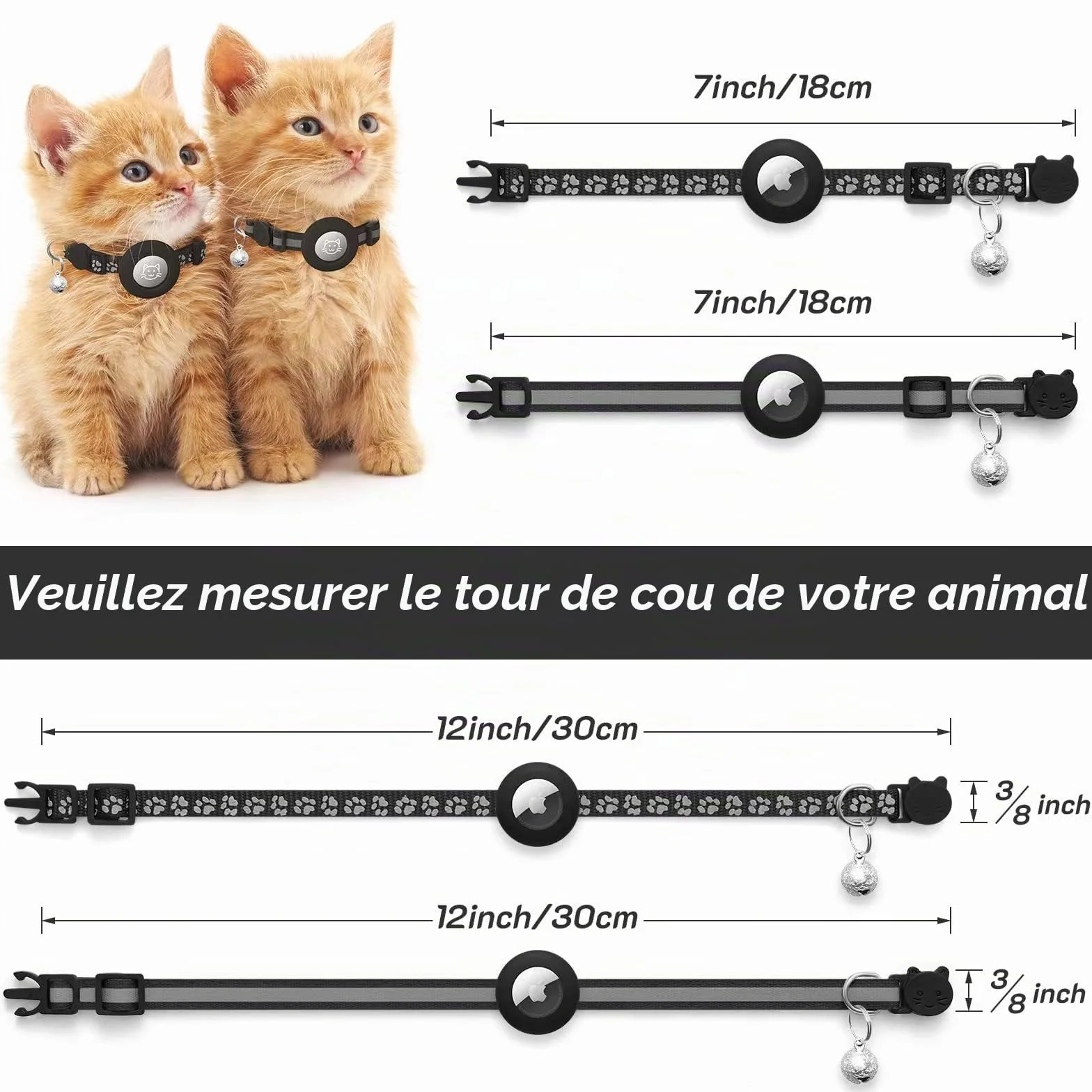 LAFAYI 2 Pack Collier Chat Réfléchissant Anti étranglement Réglable Compatible Airtag Apple Noir