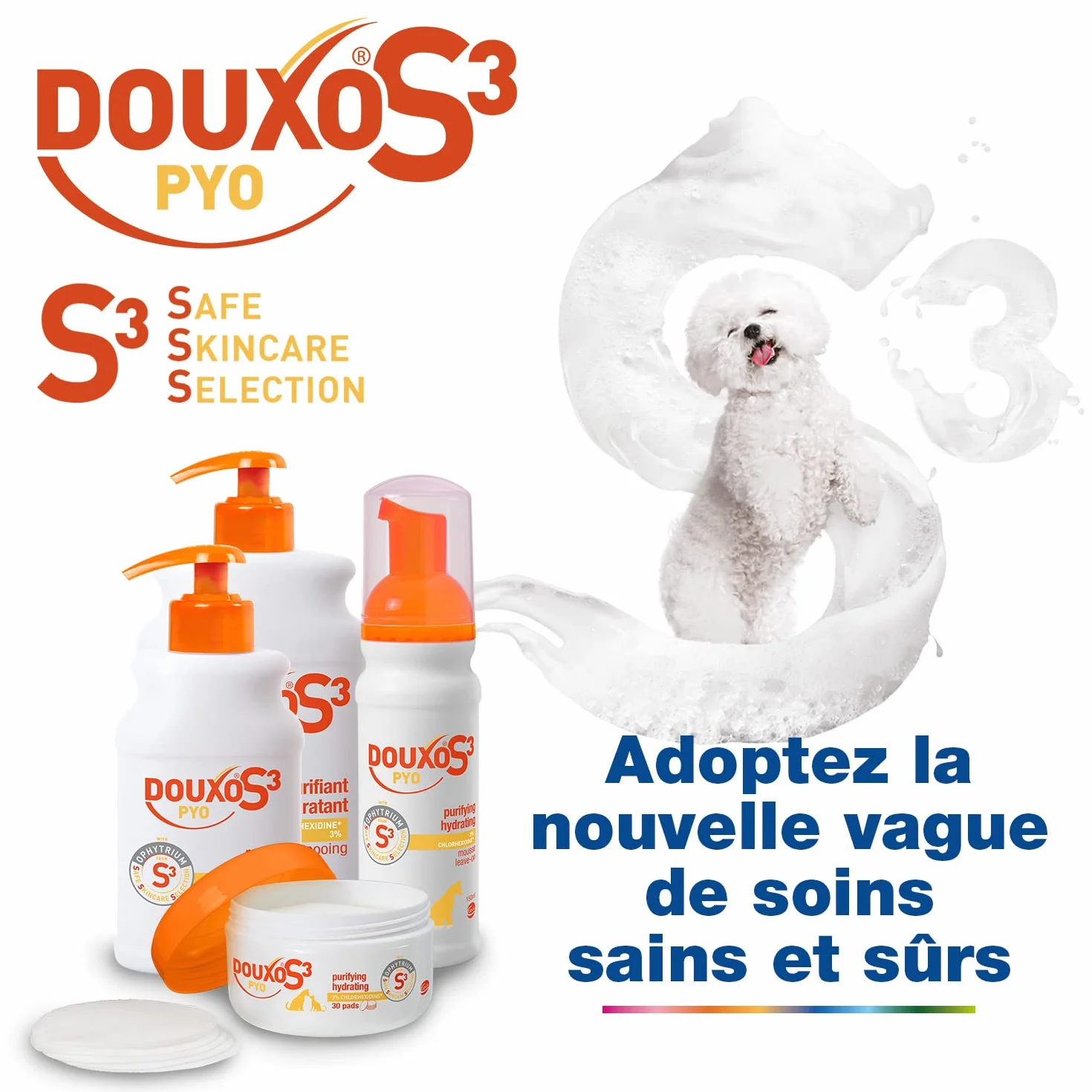 DOUXO S3 PYO Pads 30 cotons imprégnés pour nettoyer désinfecter apaiser la peau chiens chats