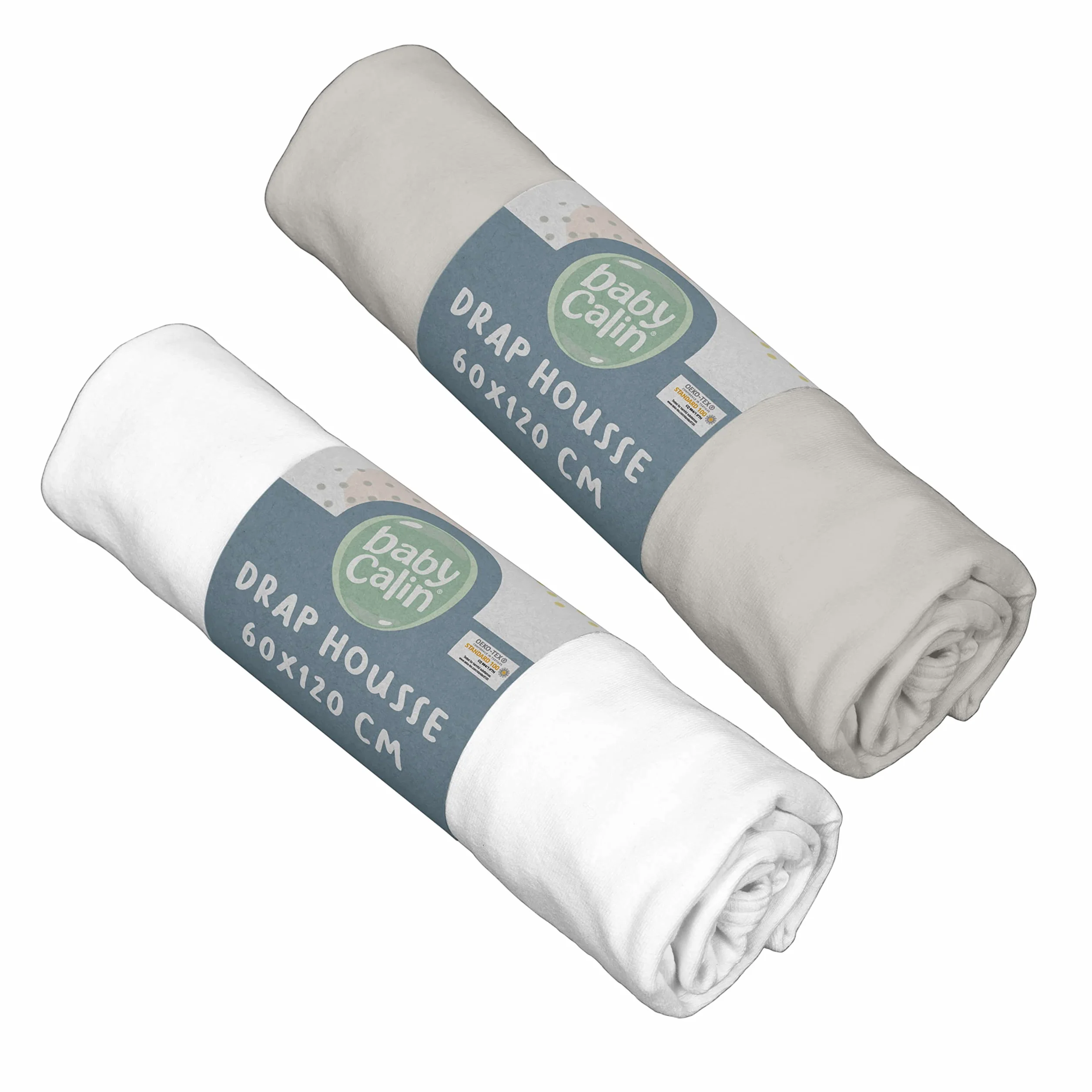 BabyCalin Lot de 2 Draps Housse Blanc/Gris 60 x 120 cm Certifié OEKO-TEX