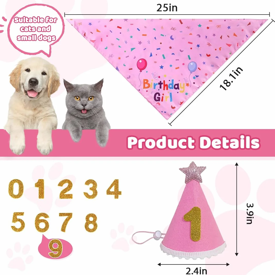 Bonnet d'anniversaire pour chiens et chats, chapeau bandana réglable avec chiffres pailletés, rose