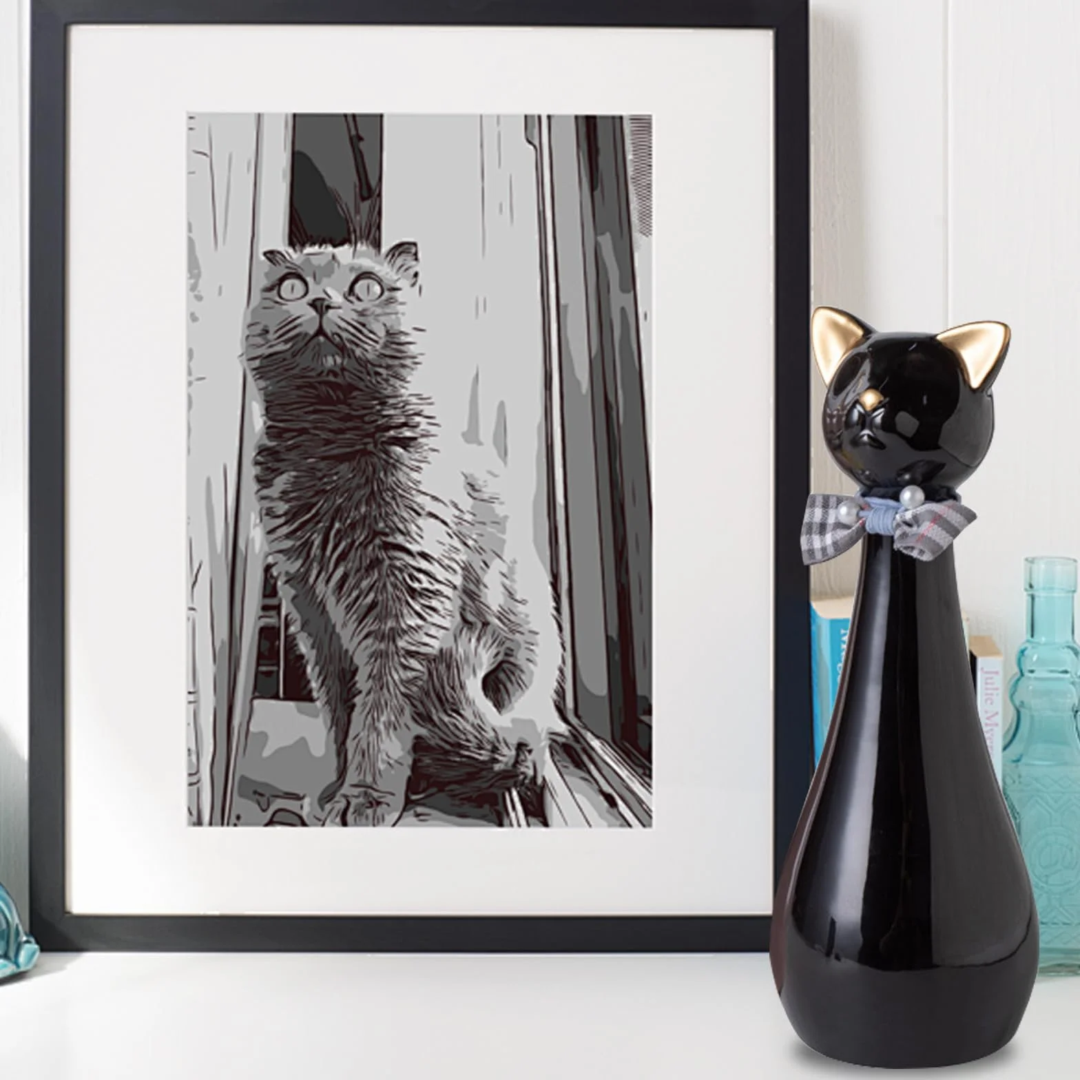 Urne Chat Chien Céramique 9,5 x 9,5 x 25,5 cm 550 ML Noire Collier Nœud Souvenir Animal