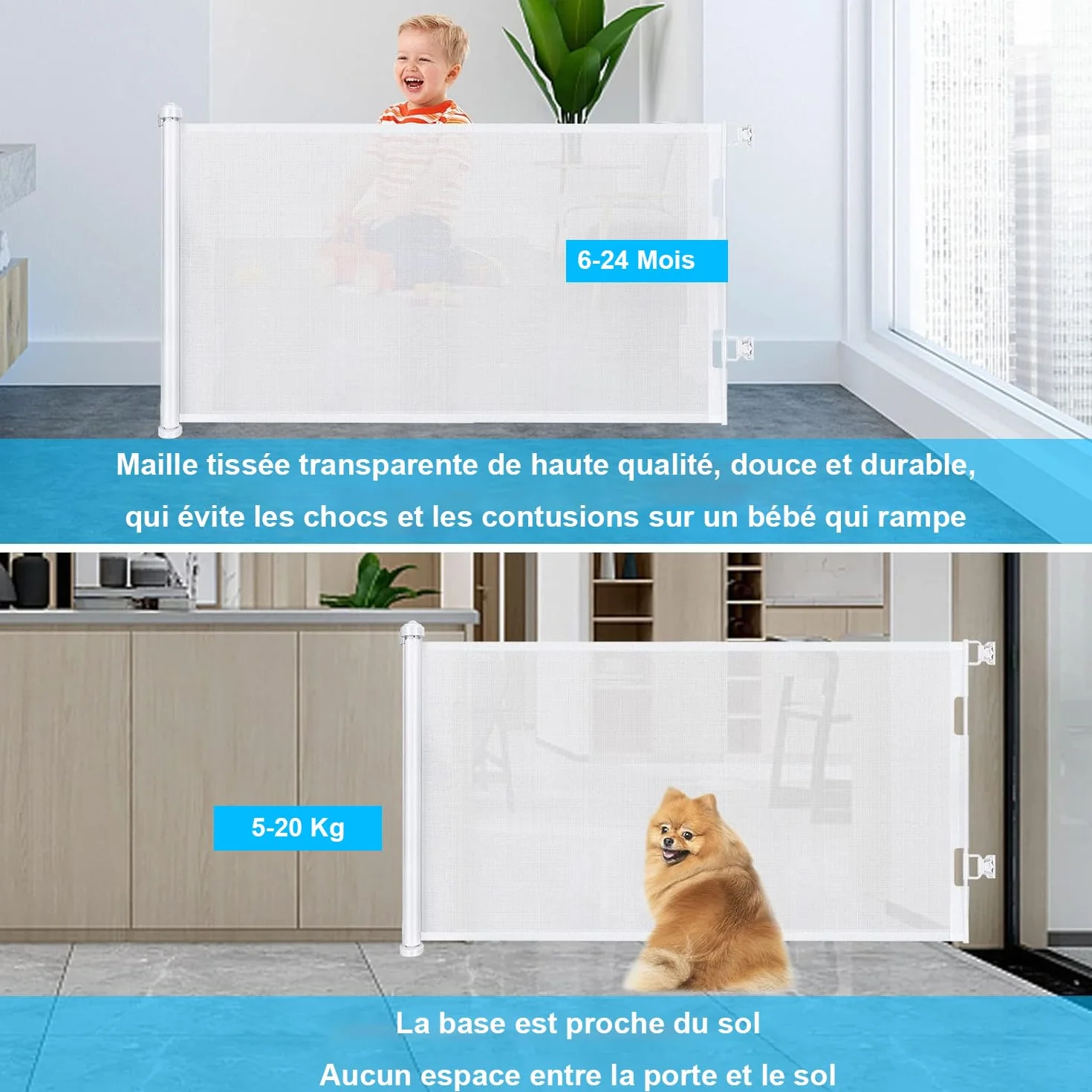 Barrière de Sécurité Rétractable pour Bébé et Animaux, 0-150cm, Escaliers, Couloirs, Portes