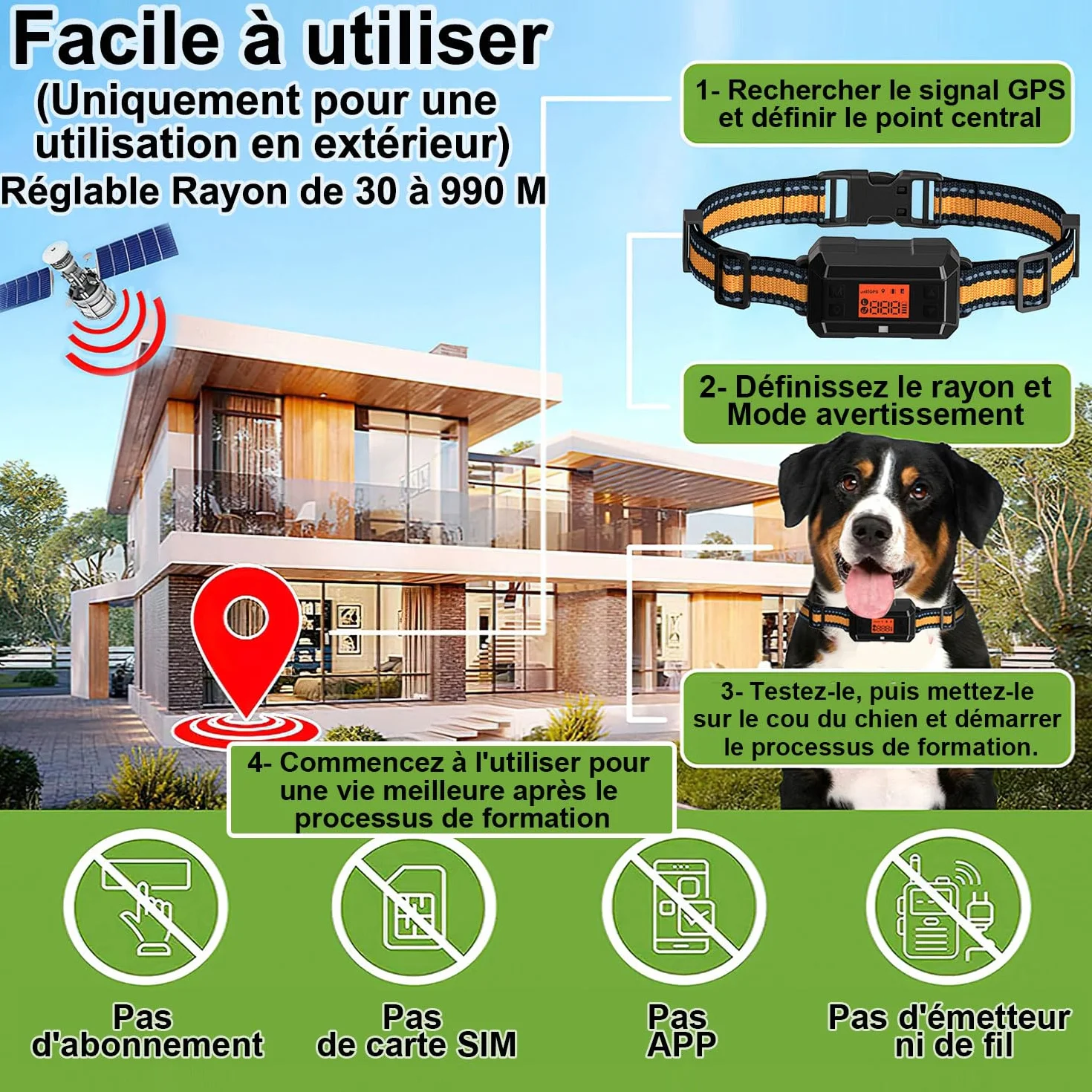 Collier Anti Fugue GPS sans Fil pour Chien IPX7 Étanche 30-999M Réglable