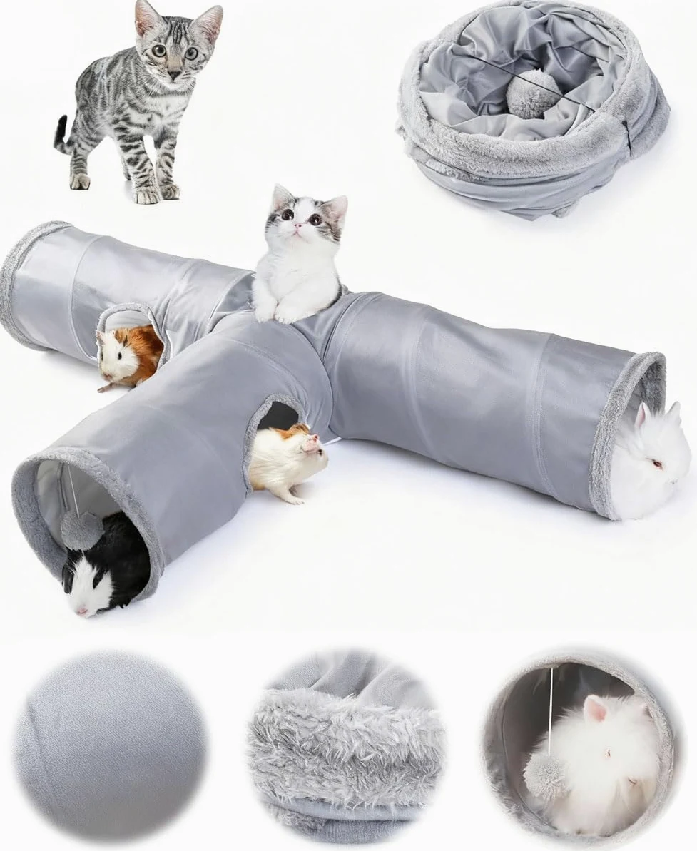 JanYoo Tunnel pliable à 3 voies pour chat d'intérieur - Jouet pour animal domestique - Cachette pour lapin, cochon d'Inde, furet - Gris uni