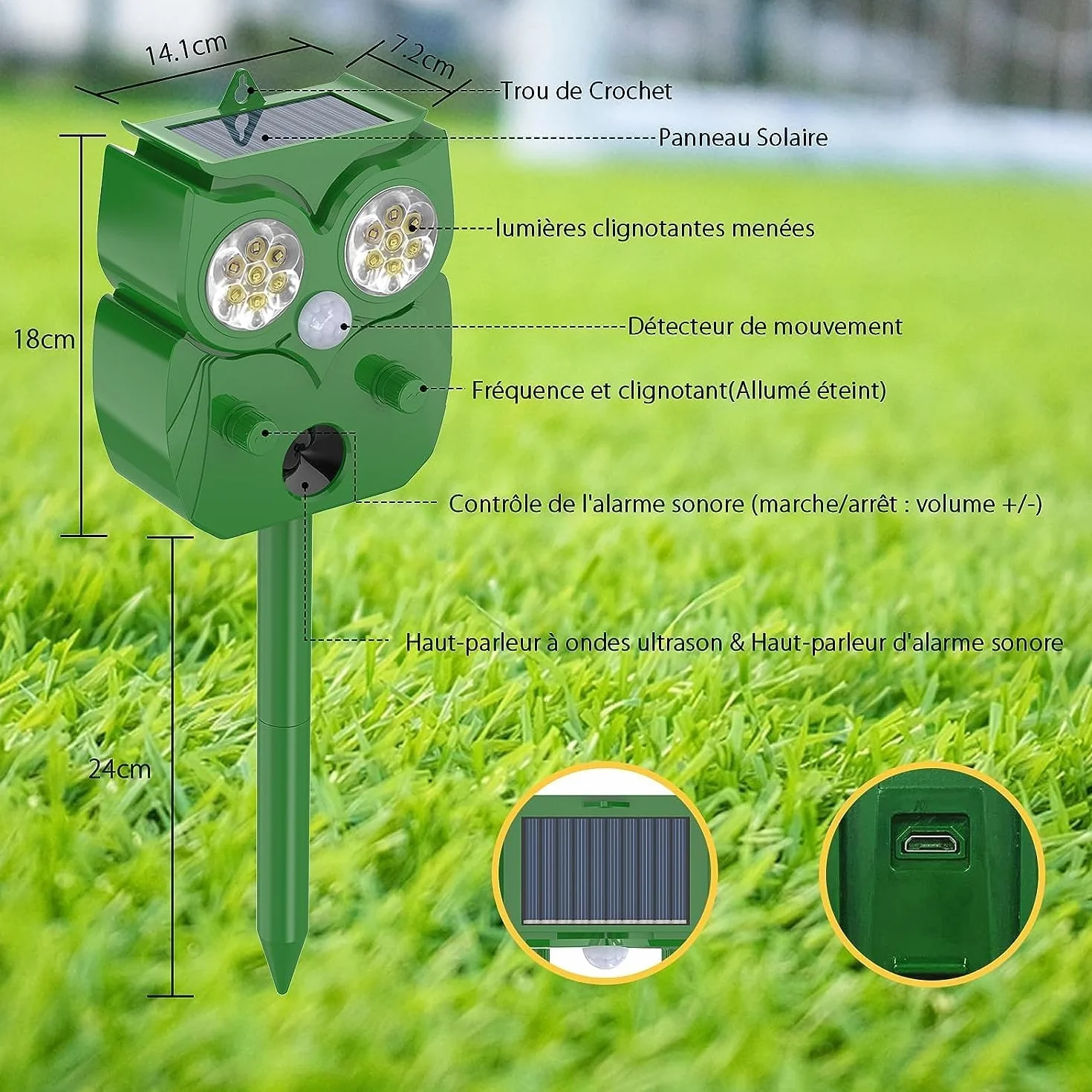 Répulsif Chat Ultrason IP65 2 Pièces Fréquence Réglable pour Chats, Pigeons, Cerfs