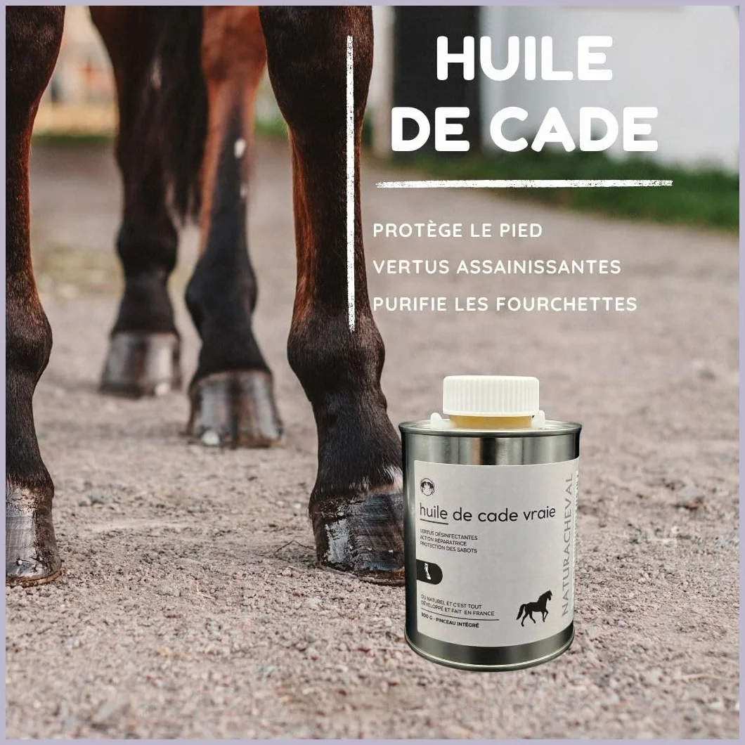 Huile de Cade Cheval Soin Naturel Peau Sabots Entretien Fourchette Zones sensibles Action assainissante Format Liquide 500 g