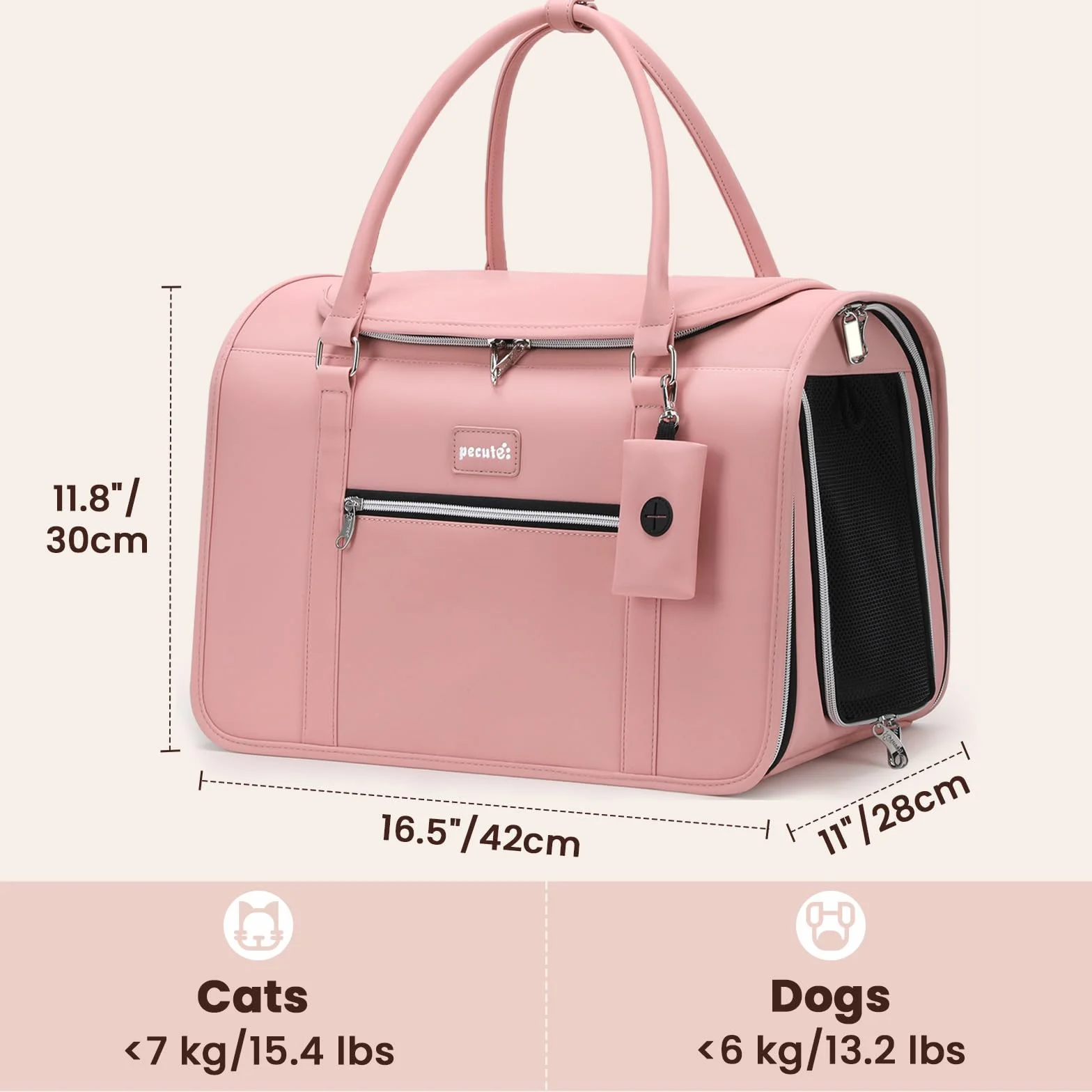 Pecute Sac de Transport pour Chat 42x28x30 cm, Approuvé pour Avion, Rose