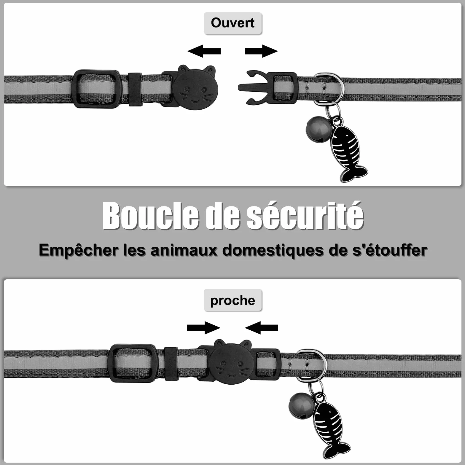 Collier Chat Compatible Airtag Réglable Réfléchissant avec Cloche Anti-étranglement Boucle Sécurité Noir