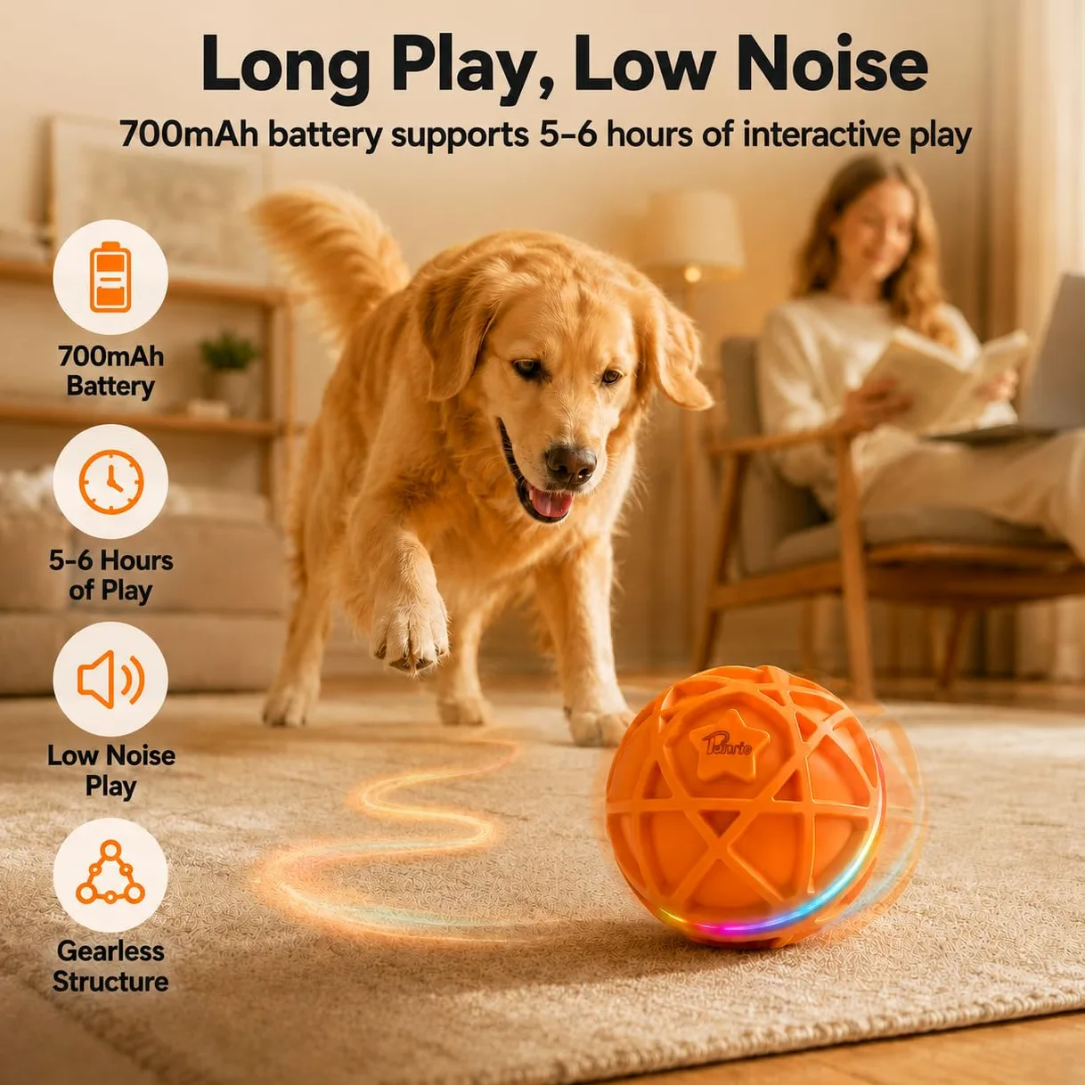Balle interactive pour chien, jouet automatique activé par le mouvement, rebondit et rotatif avec lumières RVB, caoutchouc robuste, rechargeable 700 mAh, coque IPX7 pour chiot, chiens de taille
