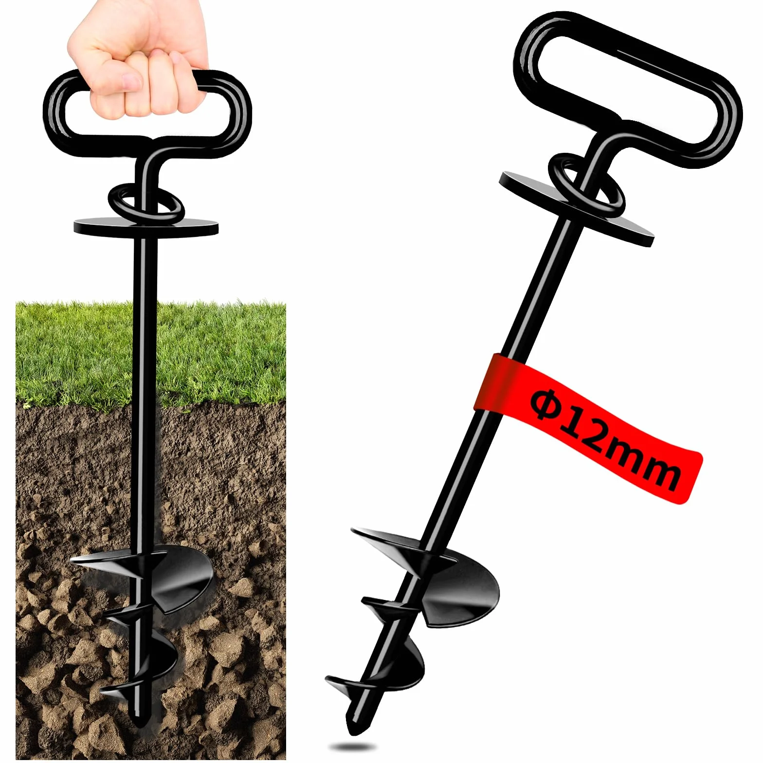 Piquet d'ancrage au sol pour chien 12 mm jusqu'à 100 kg, spirale extérieur noir