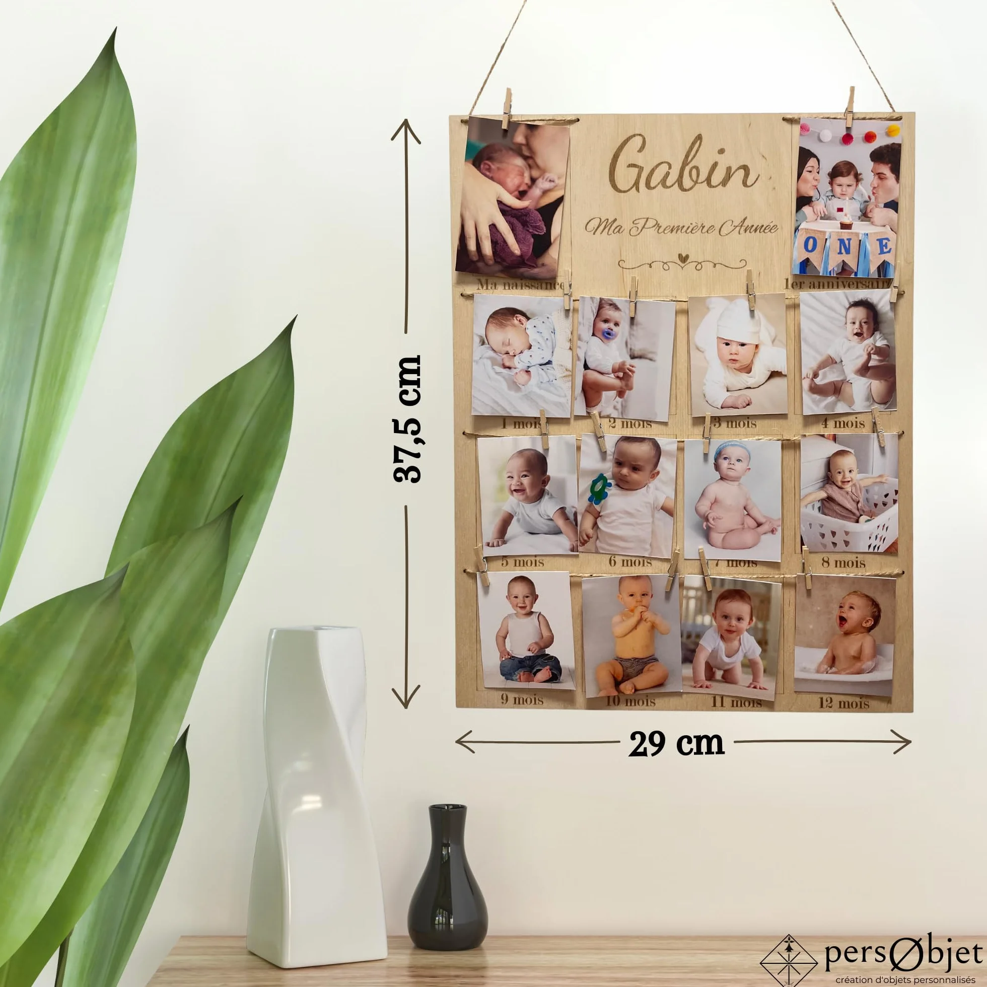 Cadre Photos Pêle-Mêle en Bois Personnalisé - Souvenirs Première Année Bébé - Décoration Chambre Enfant